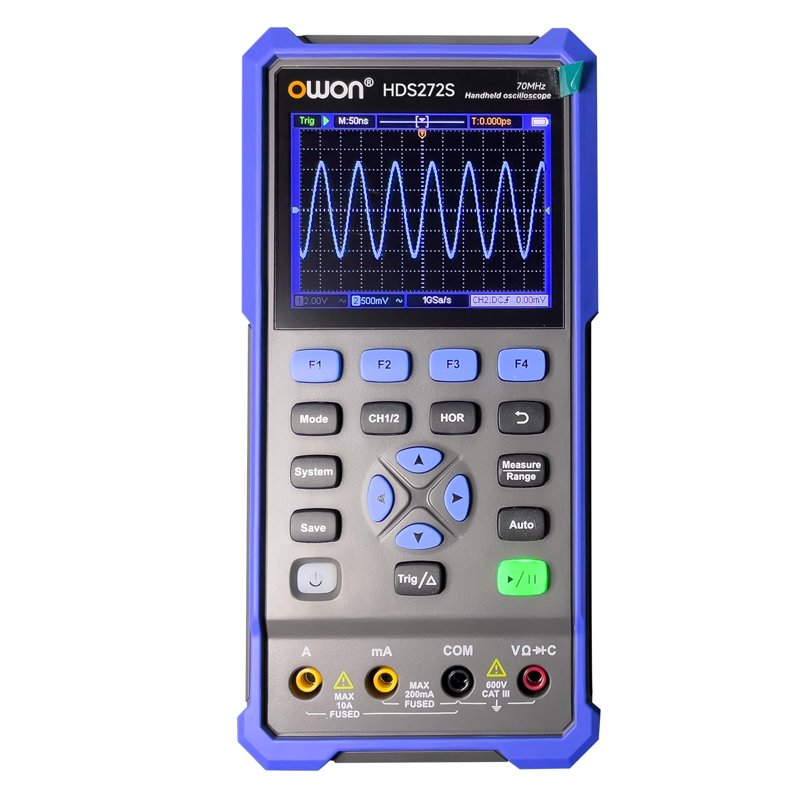OWON Handoszilloskop Multimeter, 2-Kanäle, 70MHz Bandbreite, 250MSa/s Abtastrate, 20000 Zähler, 3 in 1 tragbares digitales Automobiloszilloskop, Spannung, Strom, Kondensator HDS272S