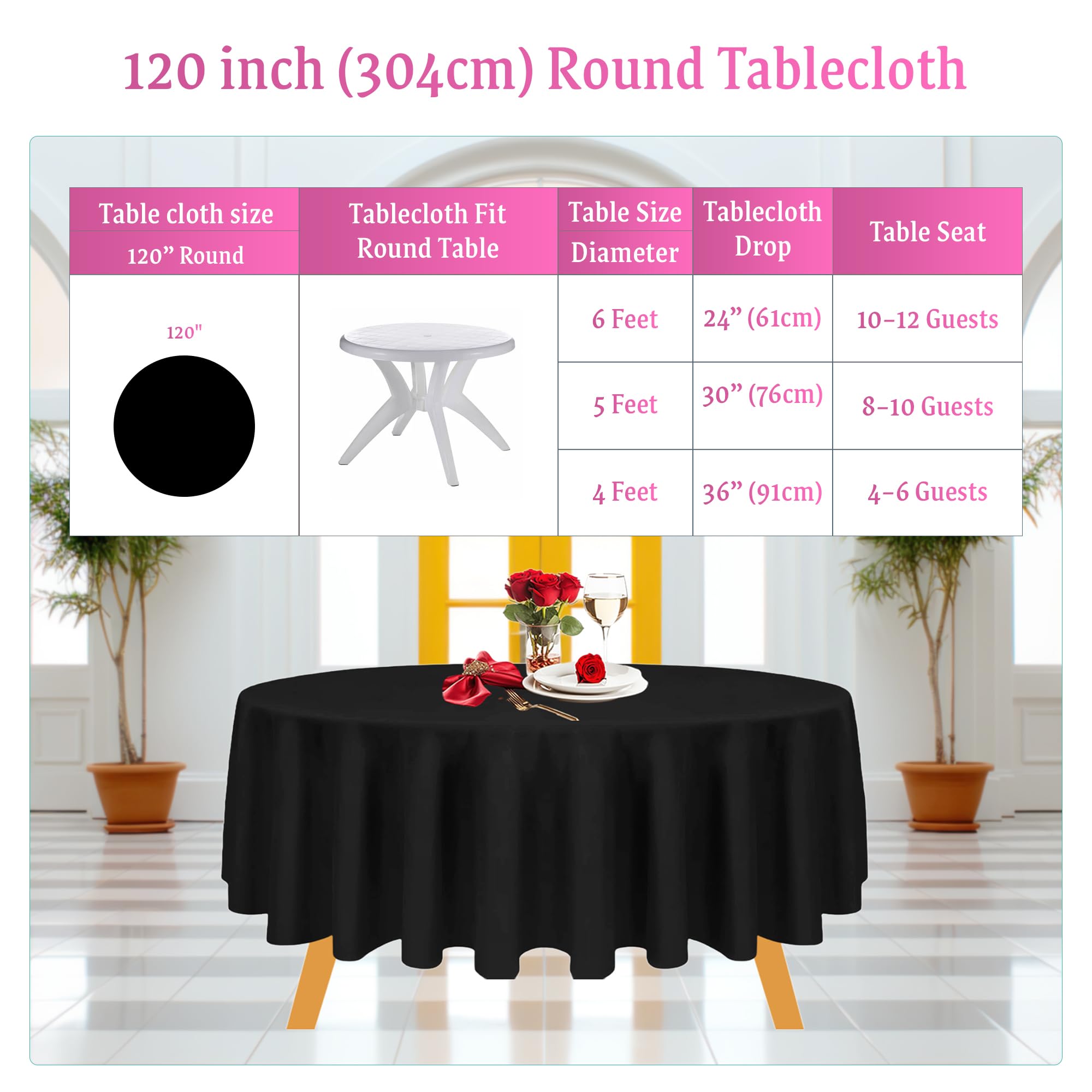 Weddecor Mantel redondo de algodón y poliéster, 120 pulgadas, mantel circular de lino de primera calidad, mantel de tela lavable para bodas, fiestas, mesa de comedor, banquetes, negro, 10 unidades