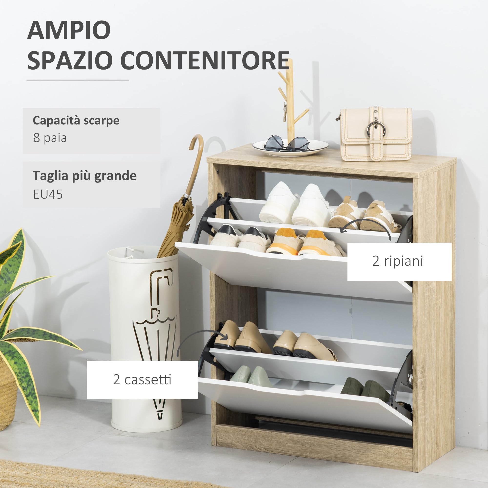 HOMCOM Scarpiera Salvaspazio Slim con 2 Ante a Ribalta, Scarpiera Ingresso con Ripiani Regolabili, Porta Scarpe per 8 Paia con Maniglia a Incavo, 62.5x26x81 cm, Color Legno e Bianco