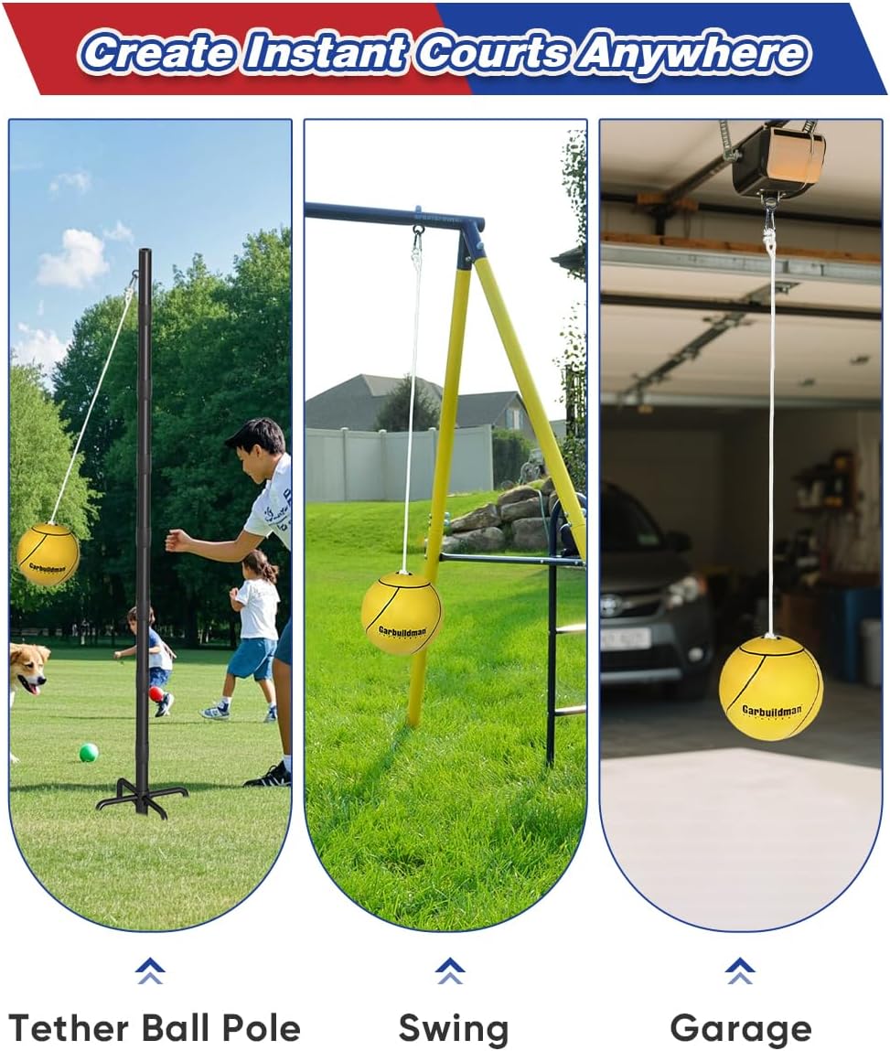 Garbuildman 8" Regulation Sized Tetherball, Rubber Tether Balls and Rope Set for Outdoor Backyard Game, Portable Replacement Tether Ball with Carabiner, Ball Pump for Kids Adults & Dogs