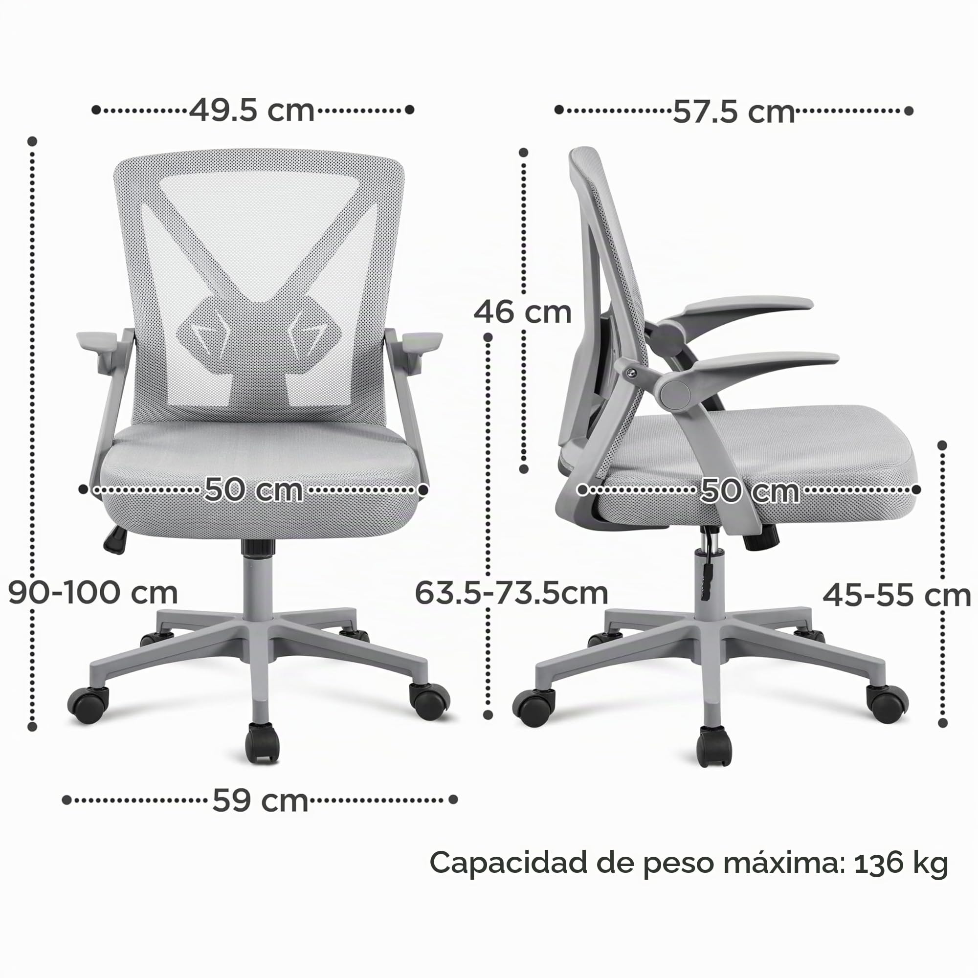 Yaheetech Silla de Oficina con Soporte Lumbar Reposabrazo Ajustable Gris | Reposabrazo Regulable, Altura Ajustable, Silla Malla Transpirable, Ahorro de Espacio, Ideal para Espacio Limitado