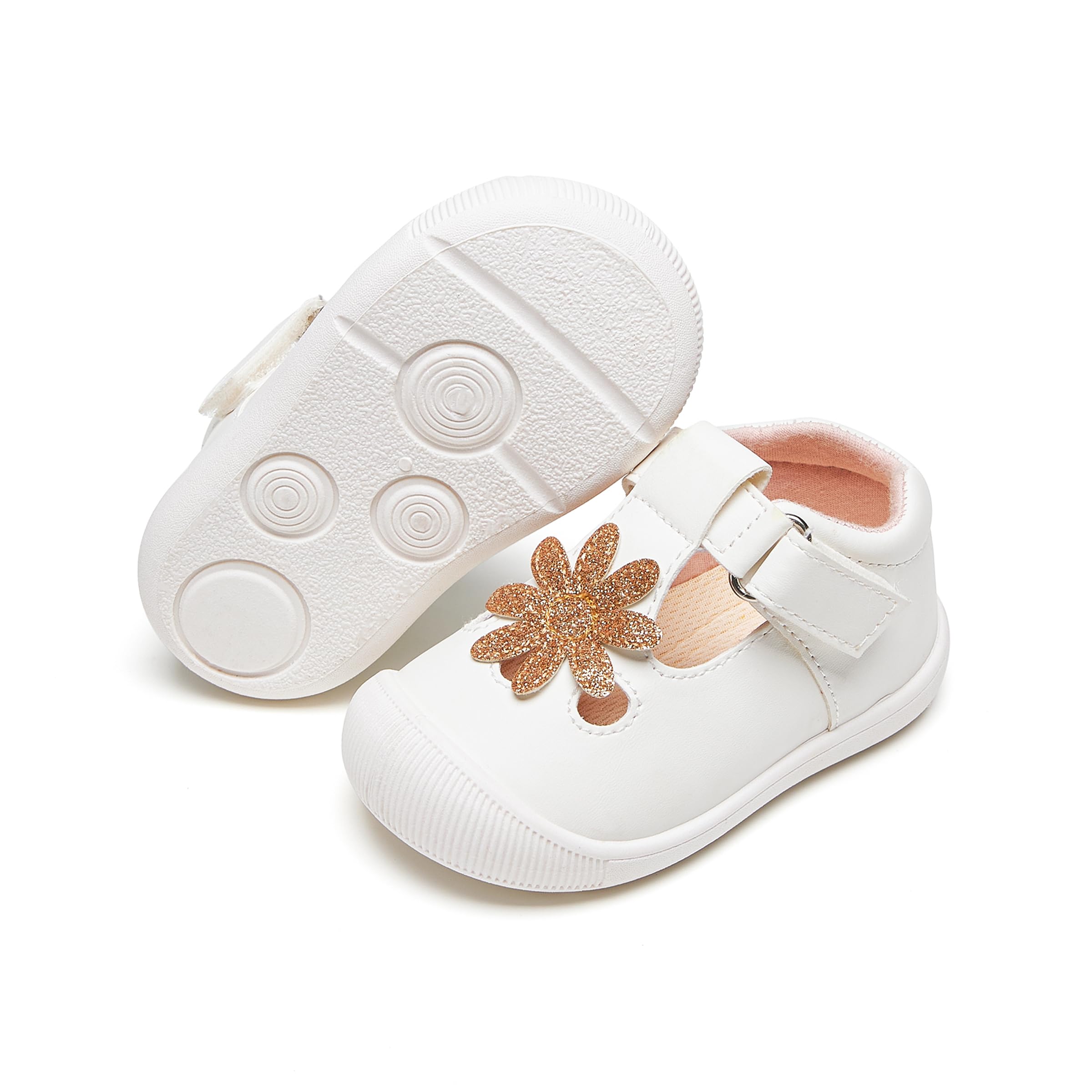 PHIRAMIN Baby Girls Mary Jane Flats - Infant Newborn Walking Shoes Soft Rubber Sole Princess Wedding
