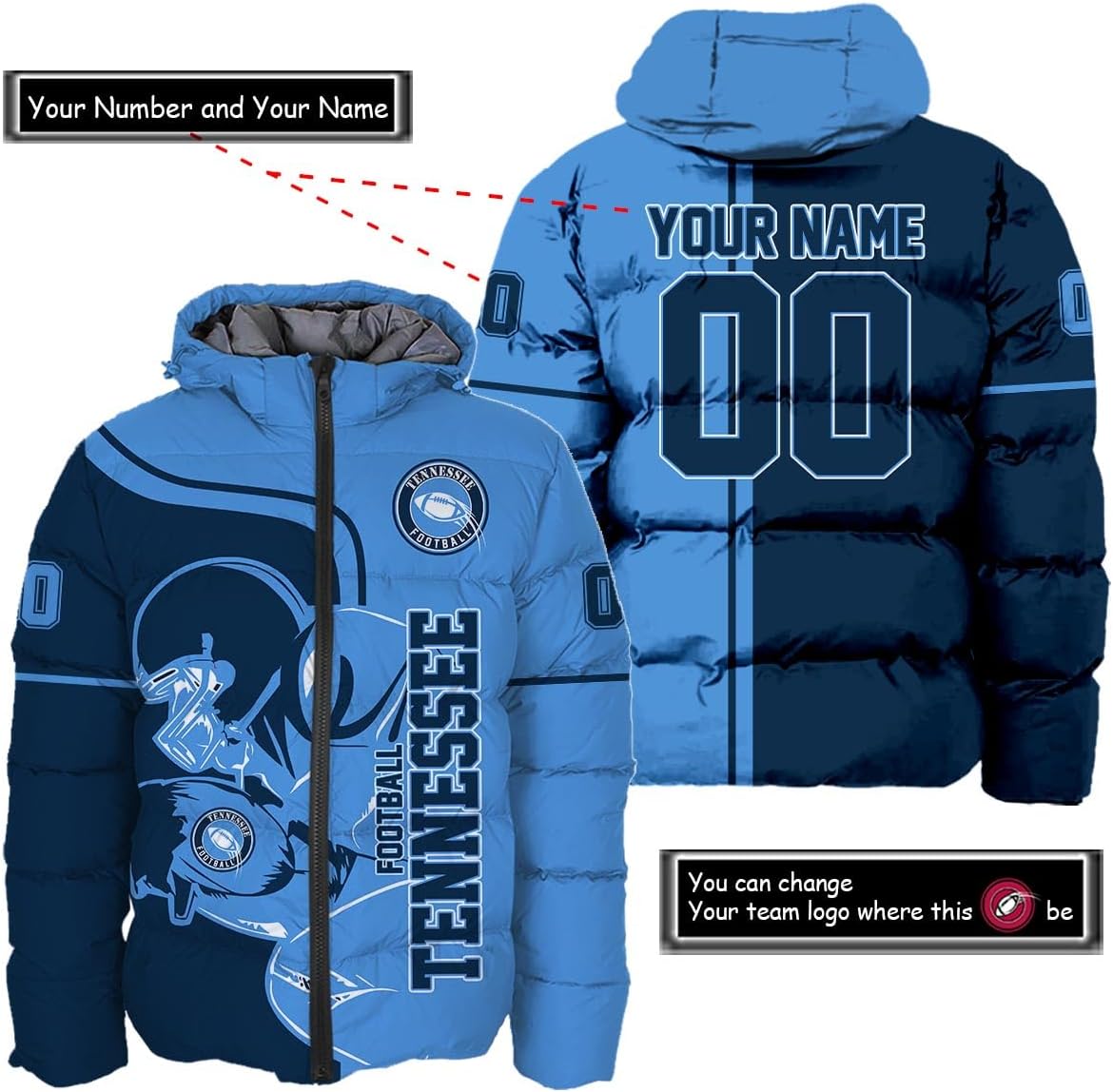 Discover Personalized Tennessee Football Team Titans Men's Hooded Puffer Jacket