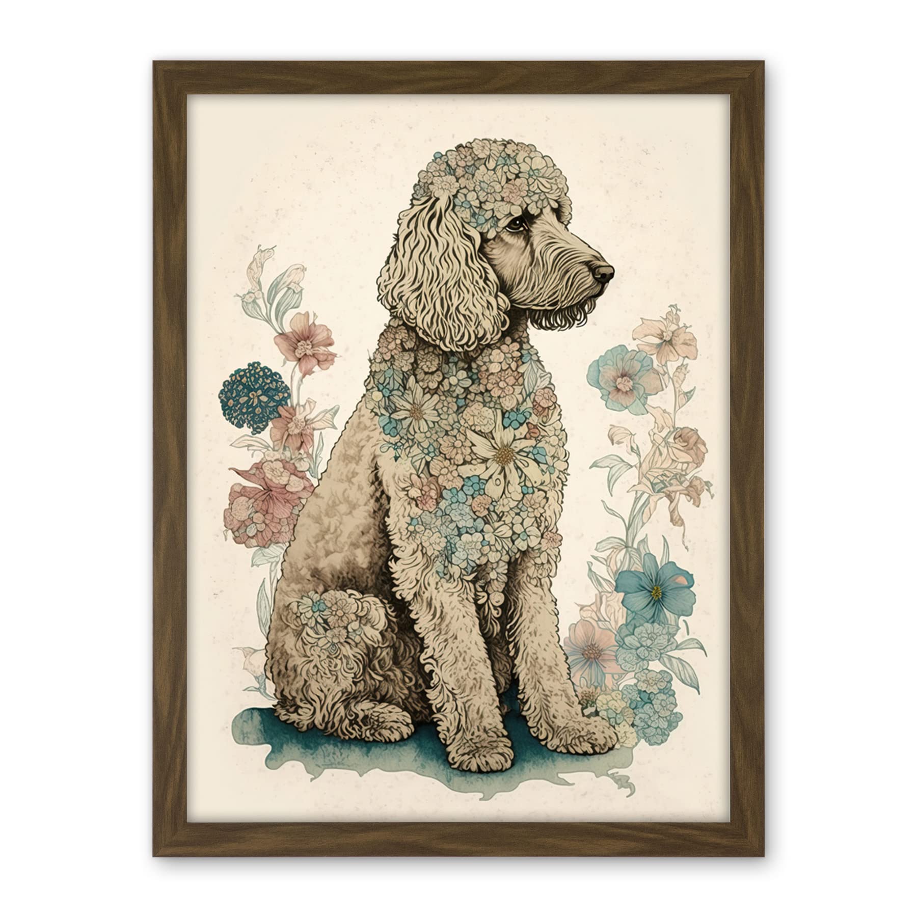 Artery8 Poodle Dog with Flower Fur Coat Modern Boho Watercolour Illustration Artwork Framed Wall Art Print 18X24 Inch