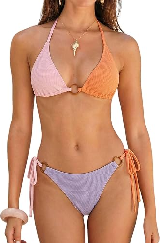 ZAFUL Triangle Bikini Sets for Women Sexy Tie Side Halter String O Ring Textured