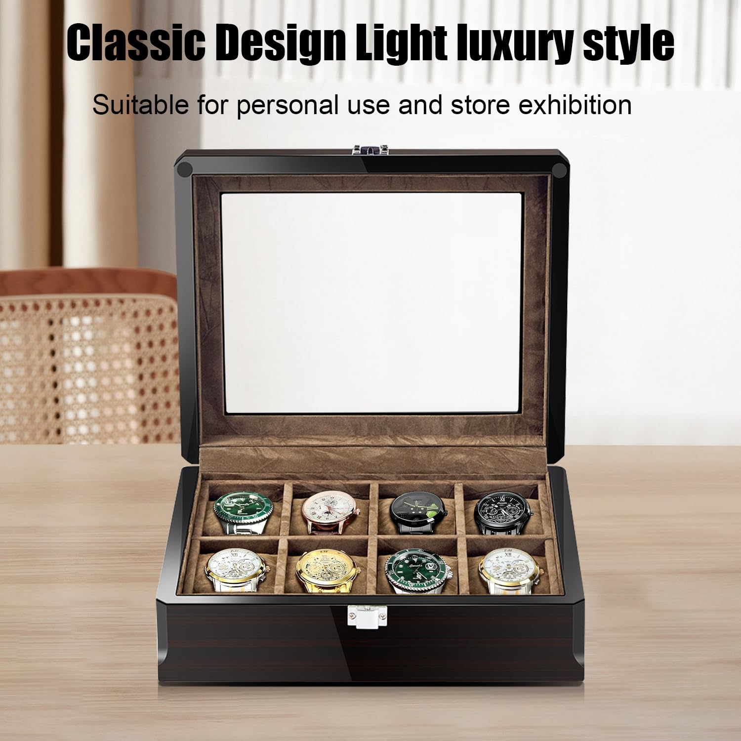 Caja de reloj con 8 ranuras, organizador de caja de reloj, tapa de cristal grande, caja de reloj clásica de ébano para hombres, caja de exhibición de reloj con almohada extraíble, regalo para