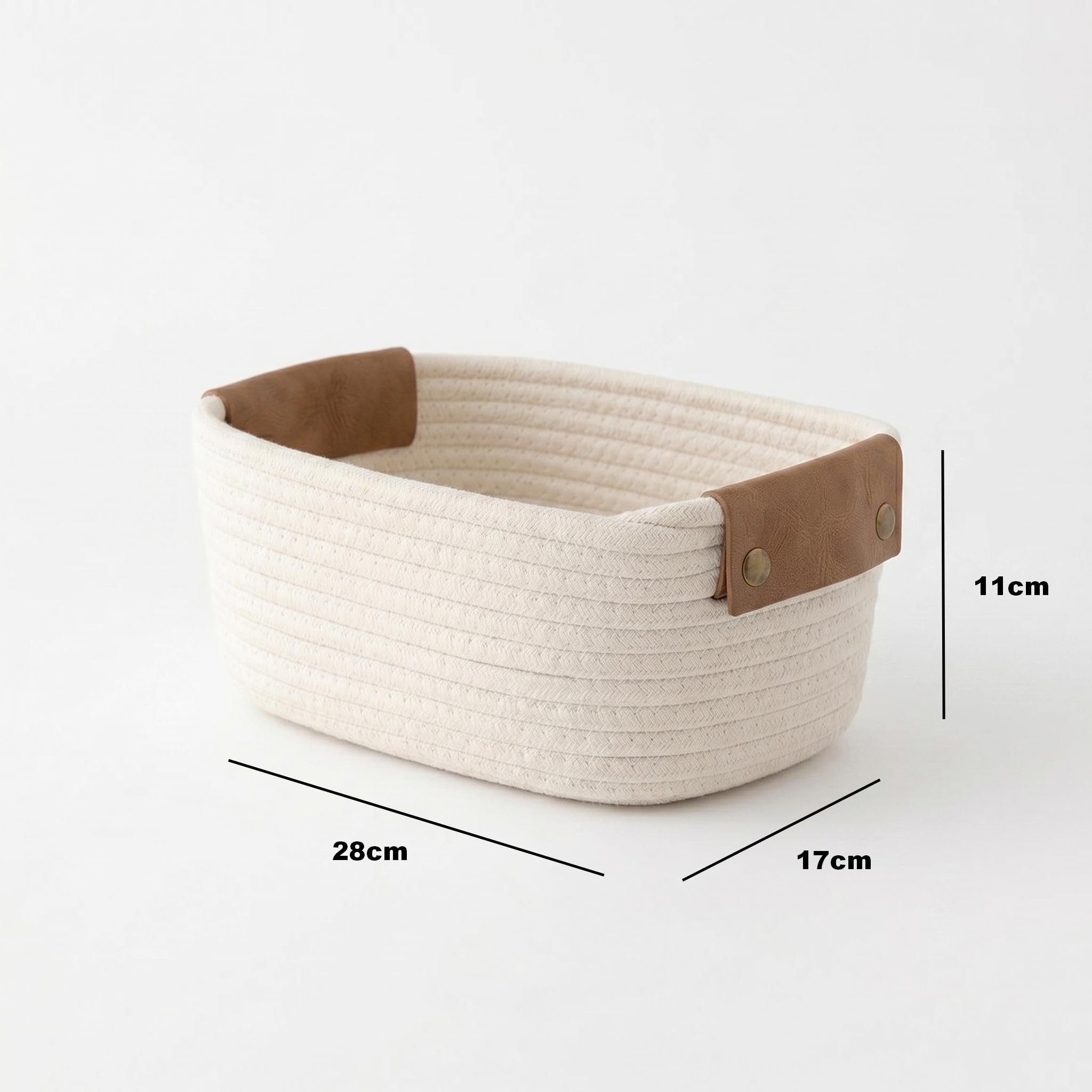 Kosz do Przechowywania Bawełniany Pleciony Beżowy Mały, Koszyk 28x17x11cm ze Zdejmowanymi Skórzanymi Rączkami, Pralny do Łazienki i Przewijaka, XAQAMY
