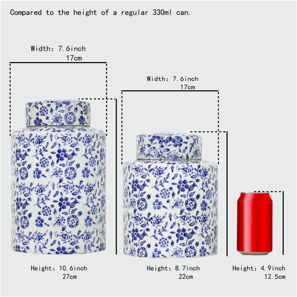 Blue & White Decorative Ceramic Ginger Jar with Lid, Floral Pattern (Large)