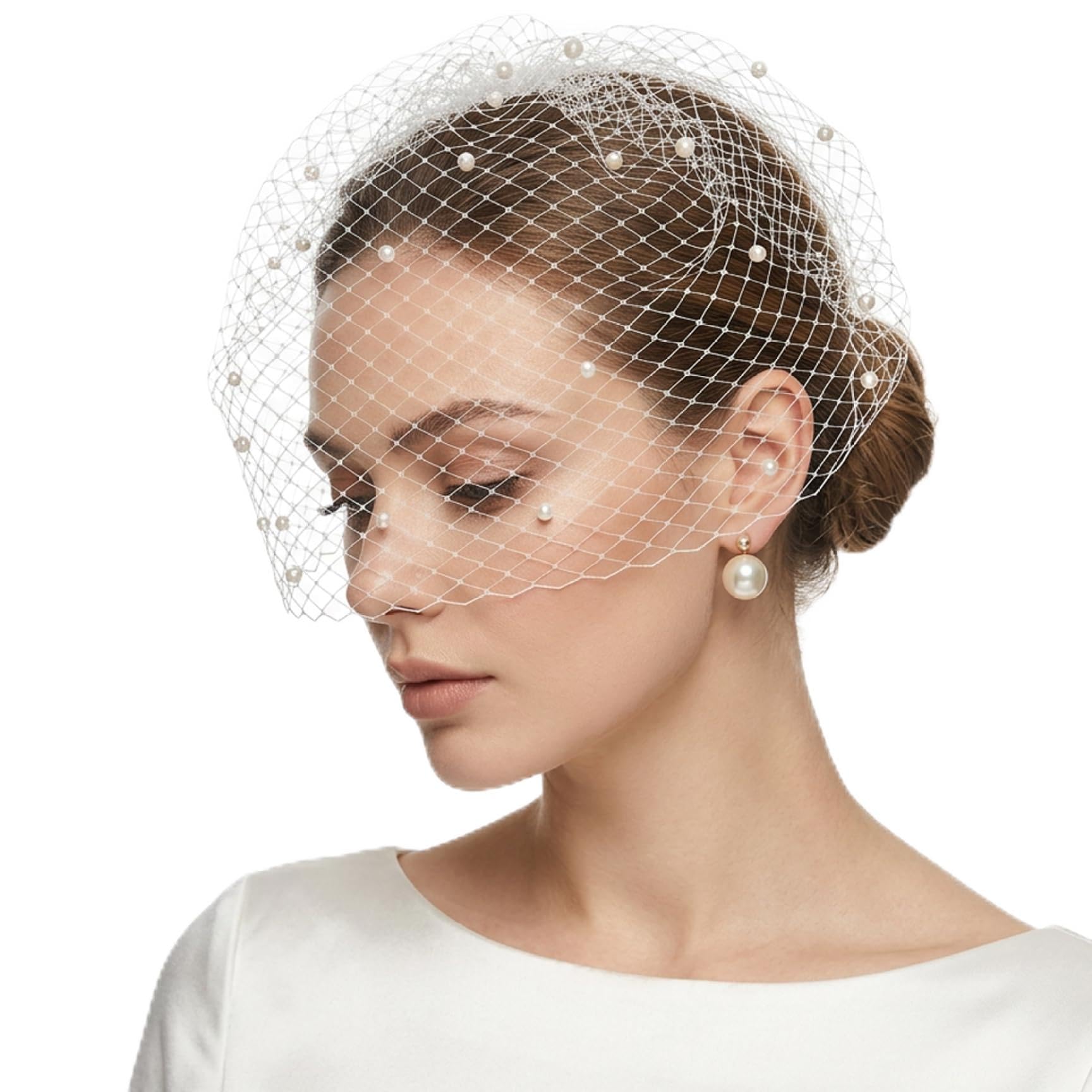 Takingup Women's White Birdcage Veil Headband - Vintage Bridal Face Veil With Elegant Pearls For Wedding & Photography - Headband