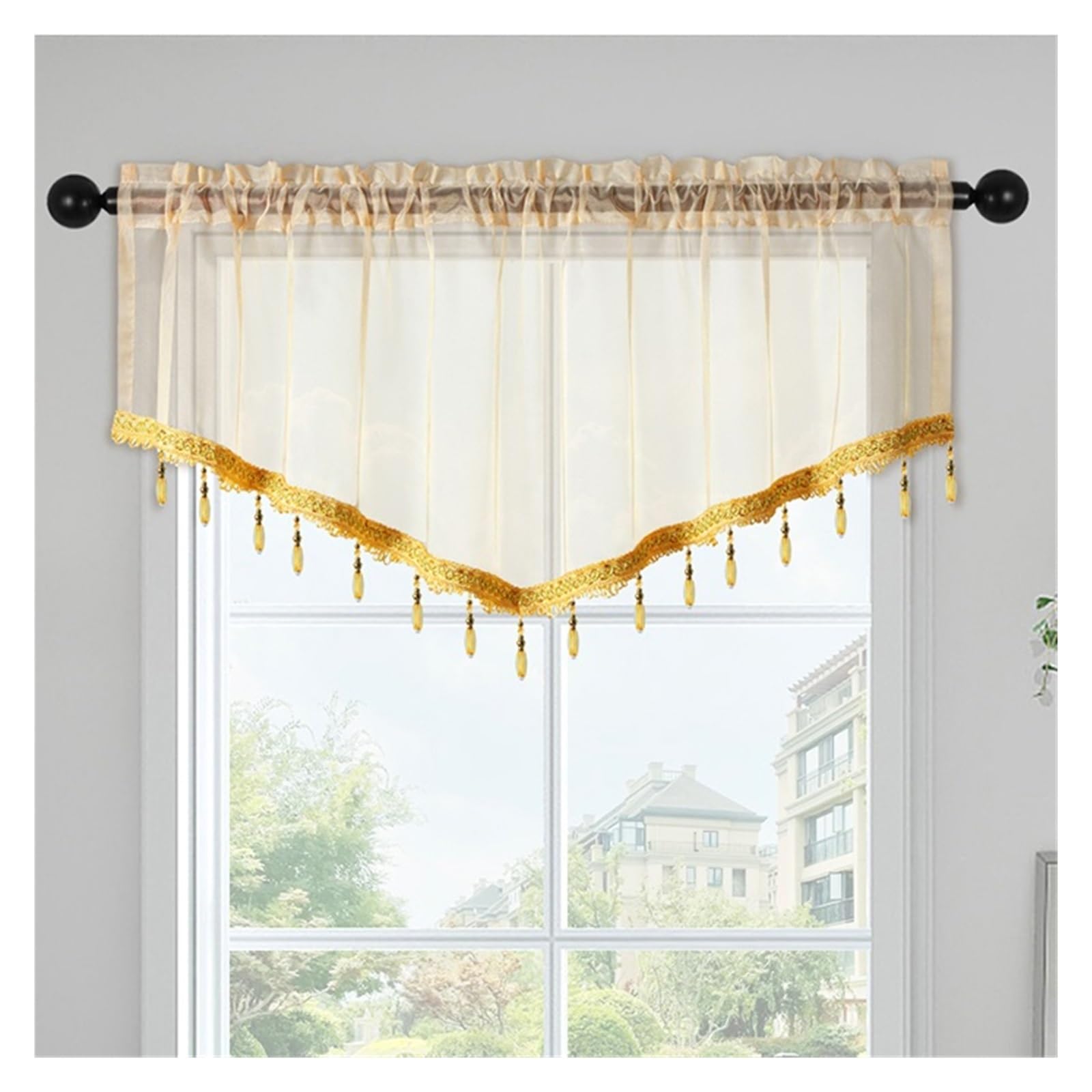 SparklWLeaf Beaded Triangle Curtain 1pc Pure Color Curtain Valance with Beads,Rod Pocket, for Living Room,Transparent Thin Sheer(Color 2)