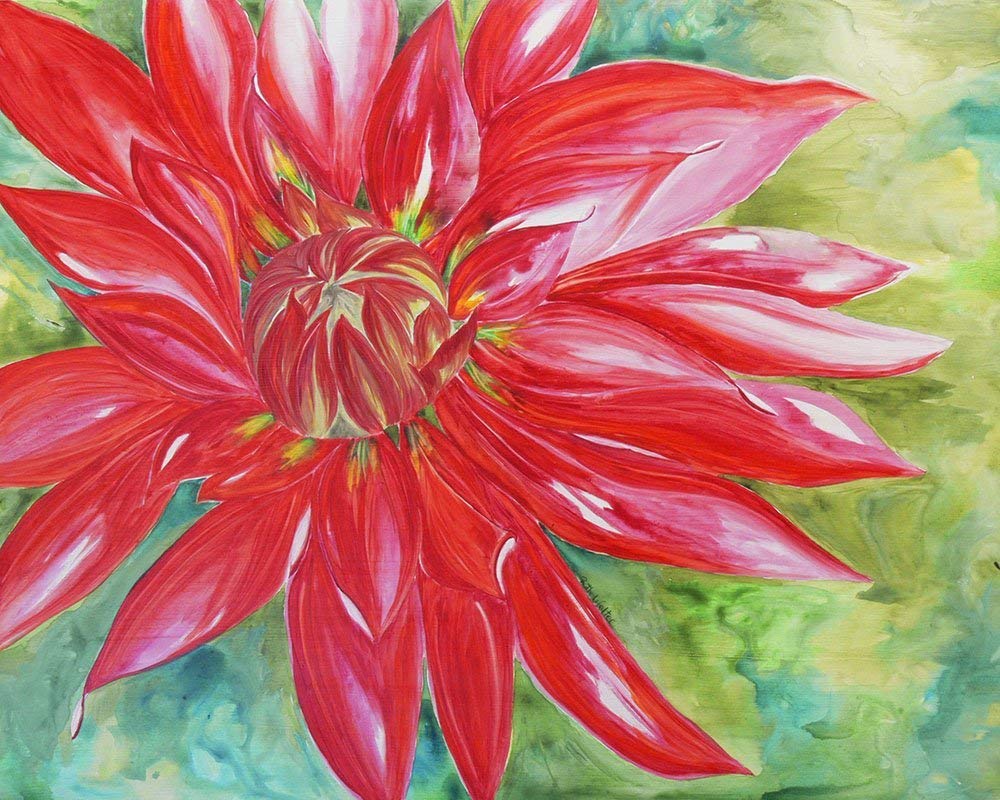 Red Dahlia Flower Art, Paper Flower Art Prints, Watercolor Flower Wall Art, Flower