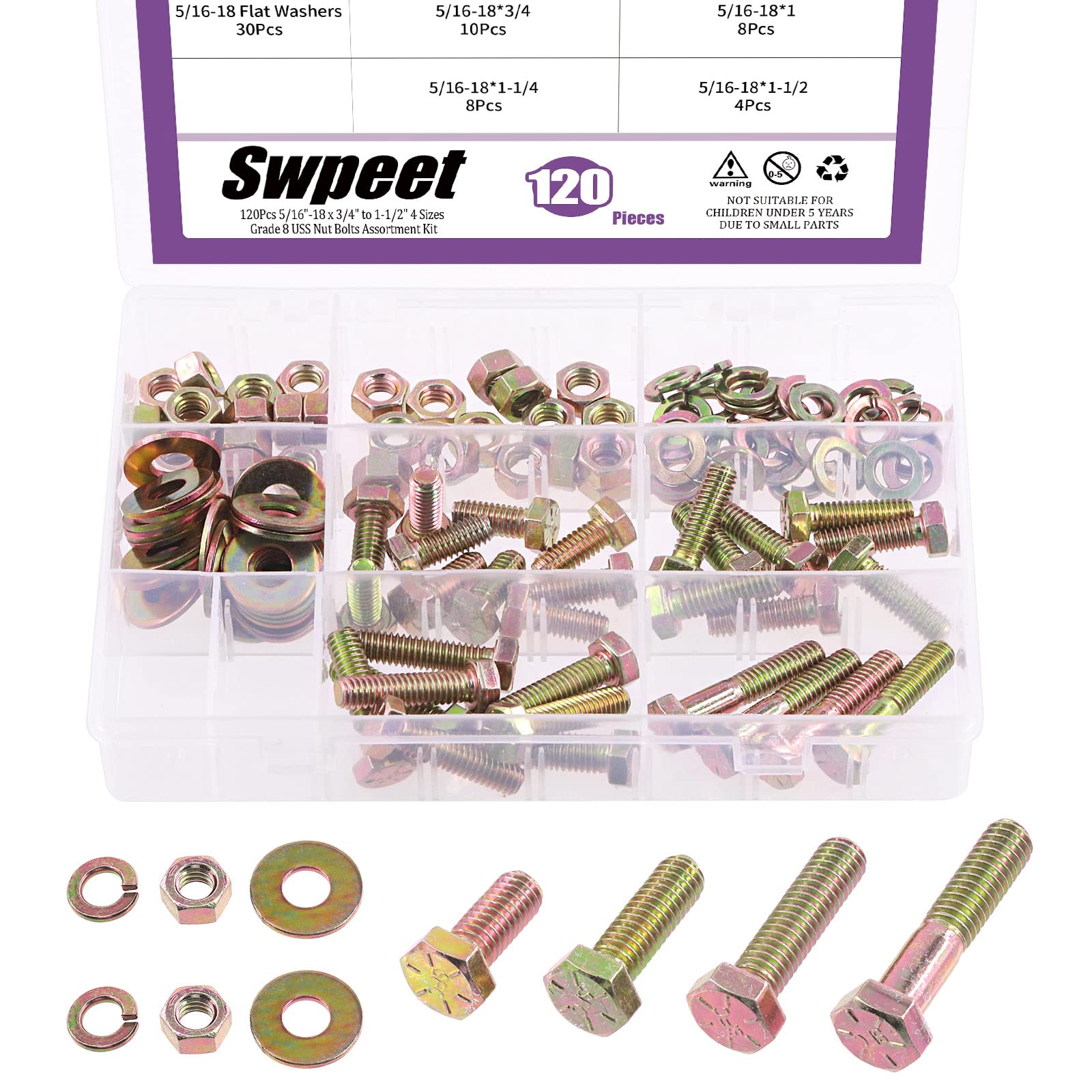 Swpeet Grade 8 USS 5/16-18 x 3/4"-1-1/2" 120Pcs Hex Bolts Assortment Kit, Heavy Duty Carbon Steel, Coarse Thread
