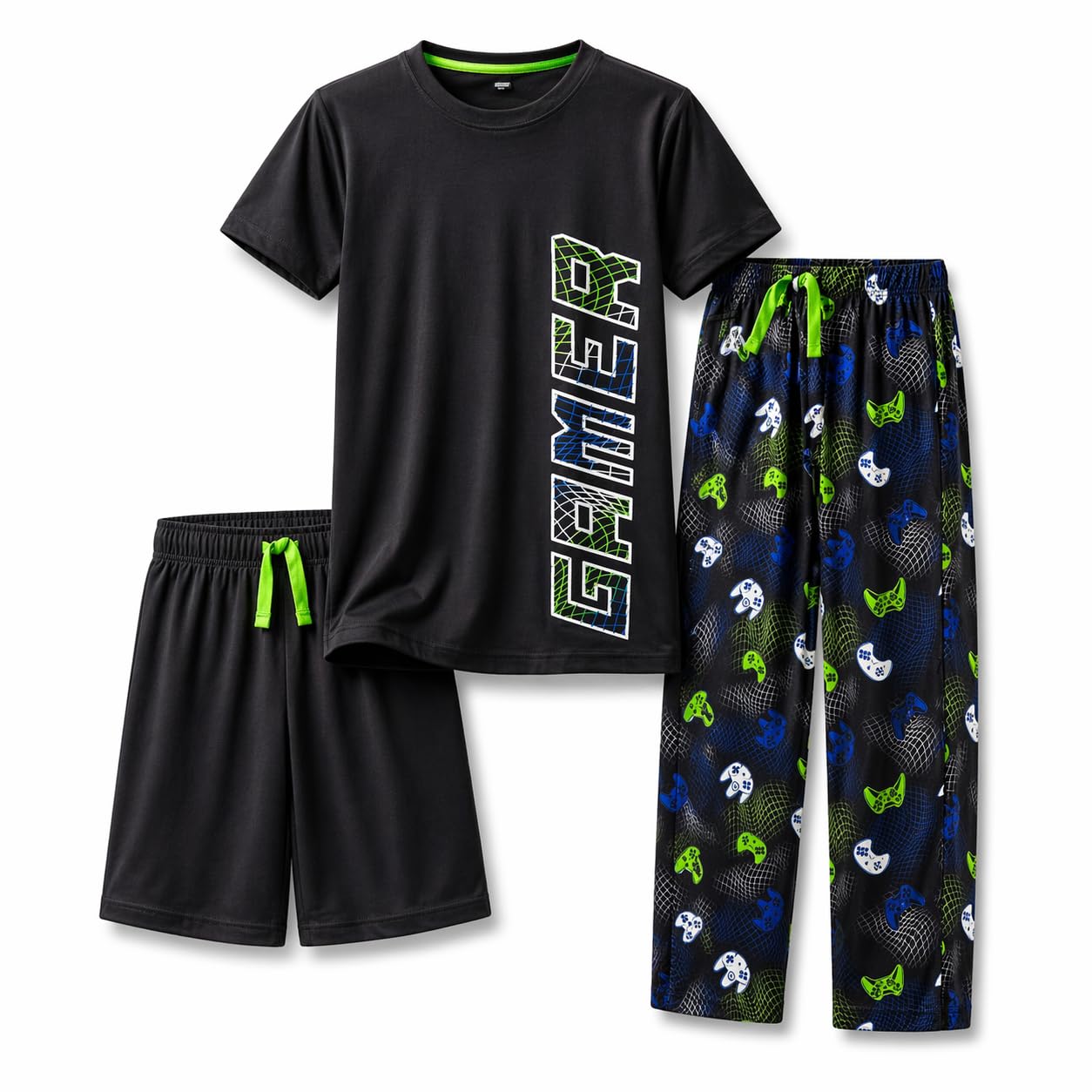 US Angels Boys Pajamas Set | 3-Piece Pant, Shirt, Shorts Sleepwear Pjs for Kids | Loose Fit, Soft, Breathable Blue Plaid