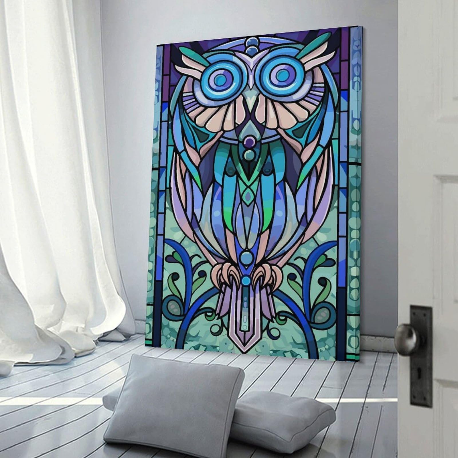 Junmoney Wall Picture Print Stained Glass Owl Art, 24x36inch(60x90cm), for Entrance Walls, Hall Decor Or Foyers, A Neat Decor Update for Hallways