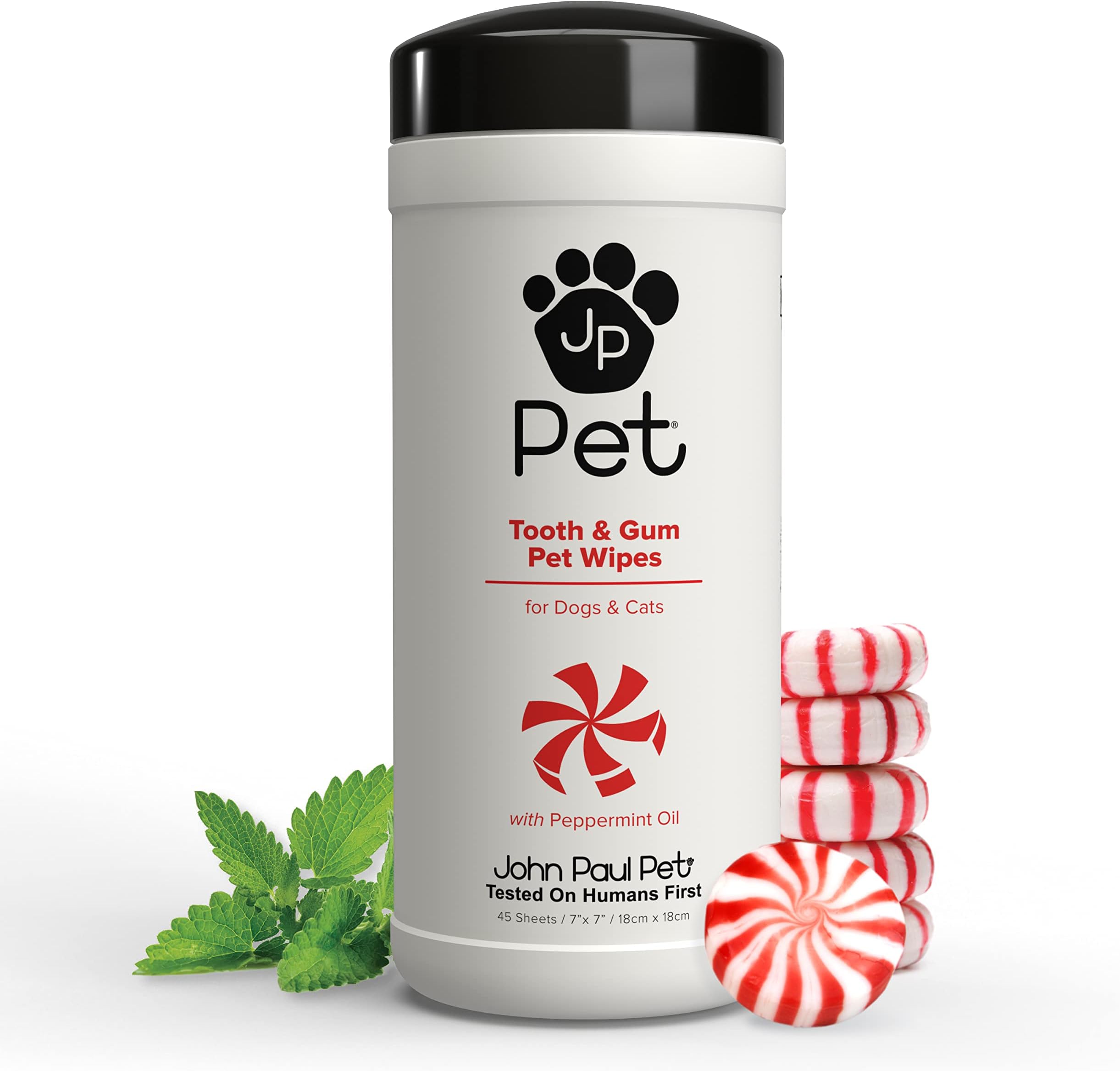 John Paul Pet Tooth & Gum Pet Wipes for Dogs and Cats, 2-in-1, Infused with Peppermint Oil, Safely Cleans Plaque, 45 Count