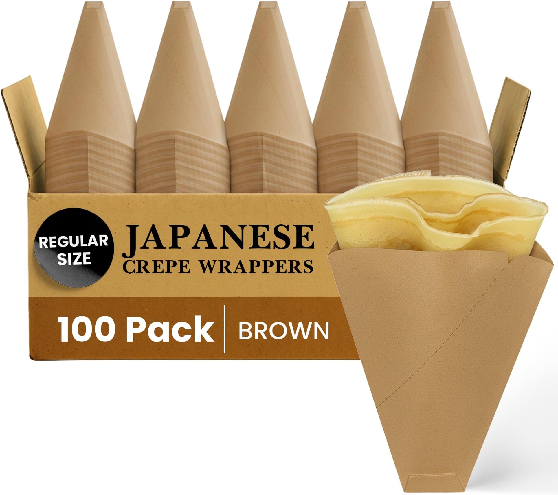 Friteshop Eco Brown Japanese Crepe Wrappers – Disposable Food-Safe Cones for Crepes, Desserts – Heavy Duty Paper Food Containers – Easy-Tear Perforated Front – for Food Trucks & Catering - 100 Pack