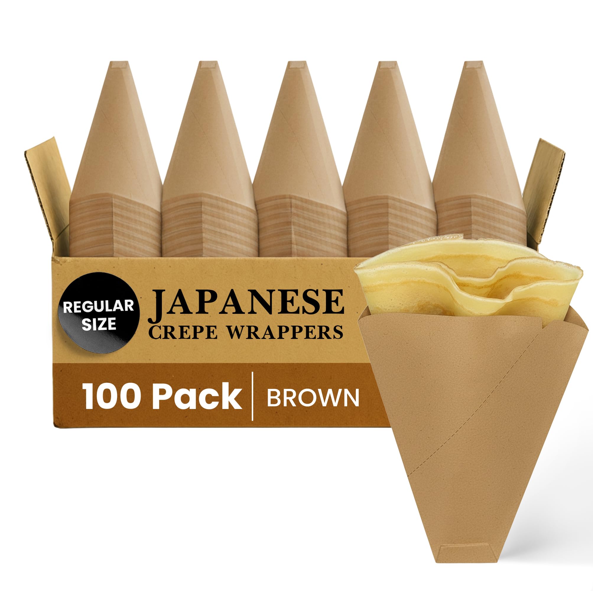Friteshop Eco Brown Japanese Crepe Wrappers – Disposable Food-Safe Cones for Crepes, Desserts – Heavy Duty Paper Food Containers – Easy-Tear Perforated Front – for Food Trucks & Catering - 100 Pack