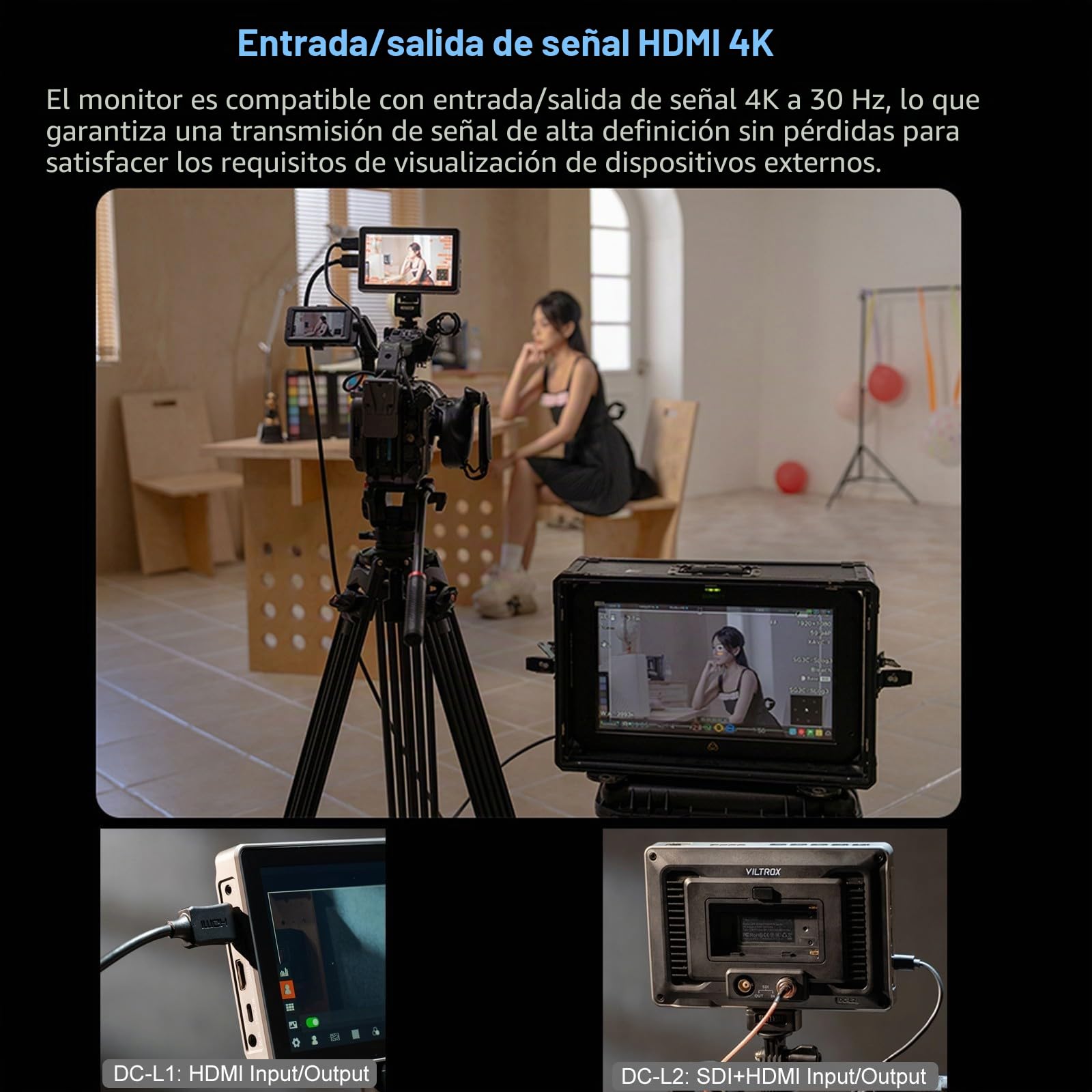 VILTROX DC-L1 7" Monitor de Campo con Pantalla táctil para cámara, Entrada/Salida HDMI 4K 60 Hz, Brillo de 600 nits, resolución 1280x800 con LUT 3D,Parasol y batería, peaking, Falso Color