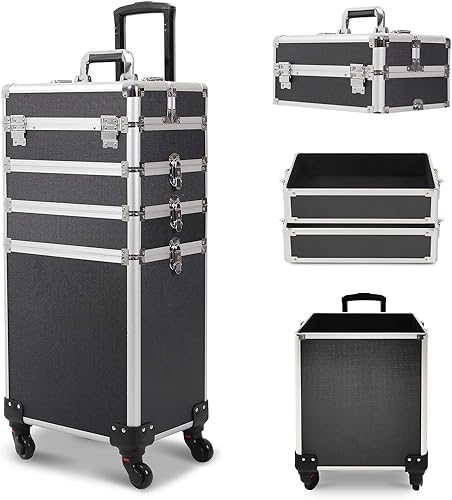 CAMORSA Estuche de viaje para maquillaje 4 en 1 con ruedas y llaves y ruedas para peluquería carrito de viaje Negro - Estuche de maquillaje 4 en 1