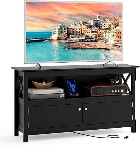 Tangkula Soporte de TV de madera para televisores de hasta 50 pulgadas, gabinete de almacenamiento en forma de X, centro de entretenimiento con 2