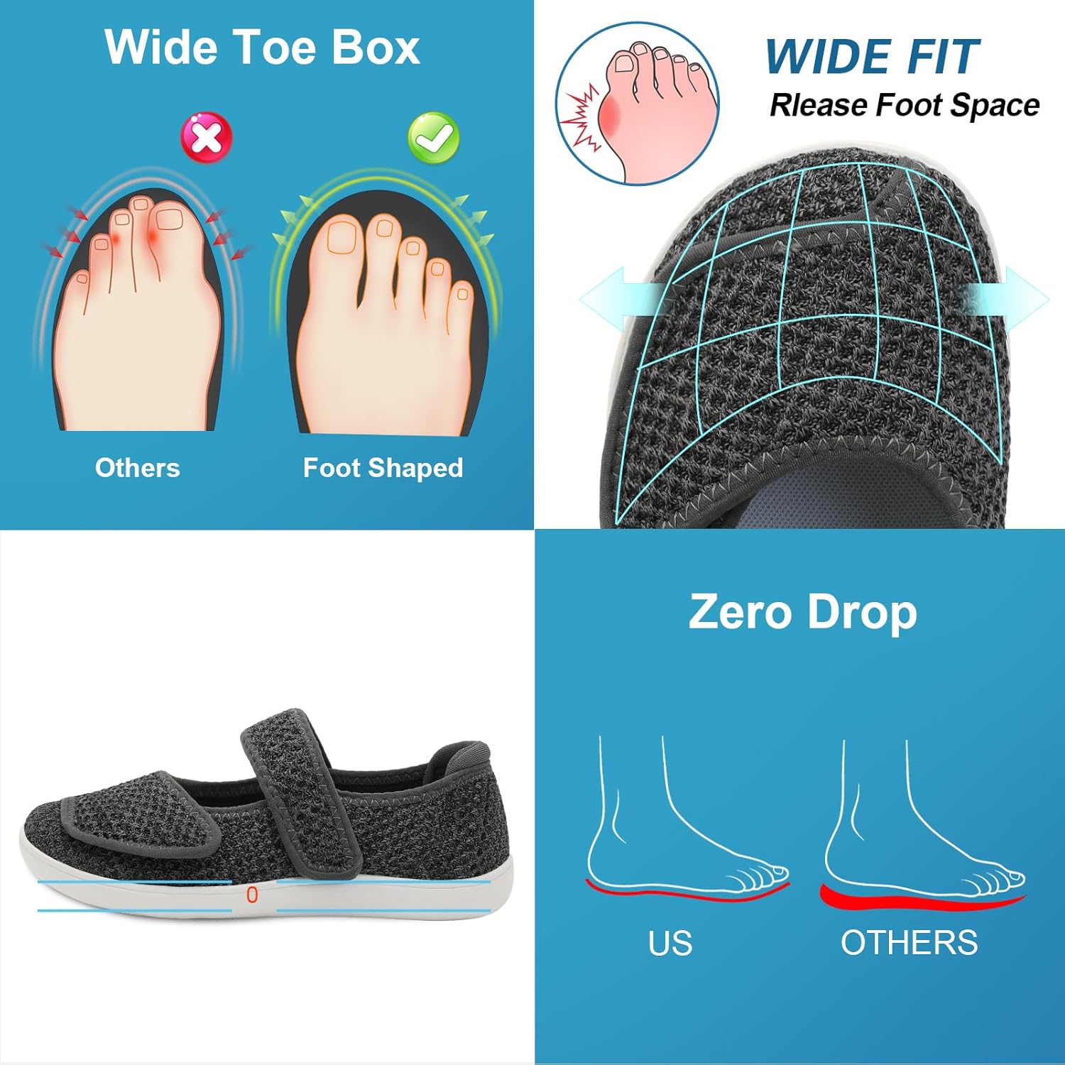 JOINFREE Womens Barefoot Walking Shoes Wide Diabetic Shoes Adjustable Mary Jane Shoes Flats Arthritis Edema Casual Shoes Breathable Slip on Sneakers Indoor Outdoor - Image 3