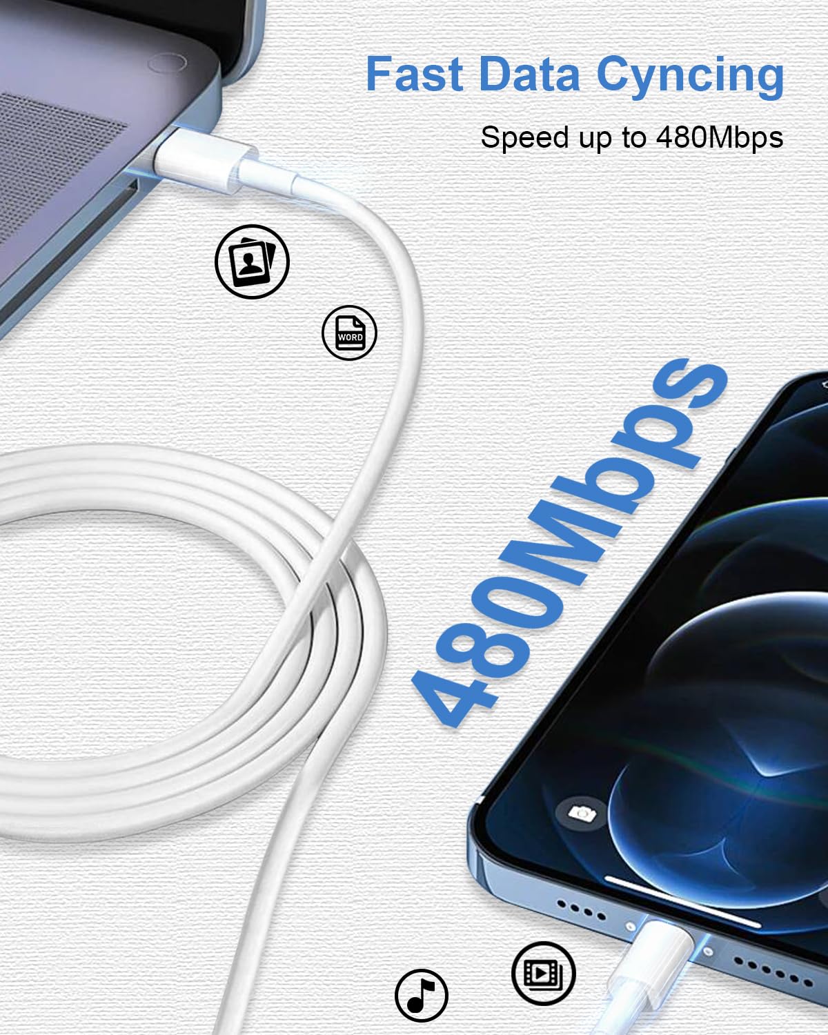 Câble USB C vers Lightning MFi Charge Rapide pour iPhone 14 Pro Max/13/12 Mini/11/XS/XR/8/SE/iPad