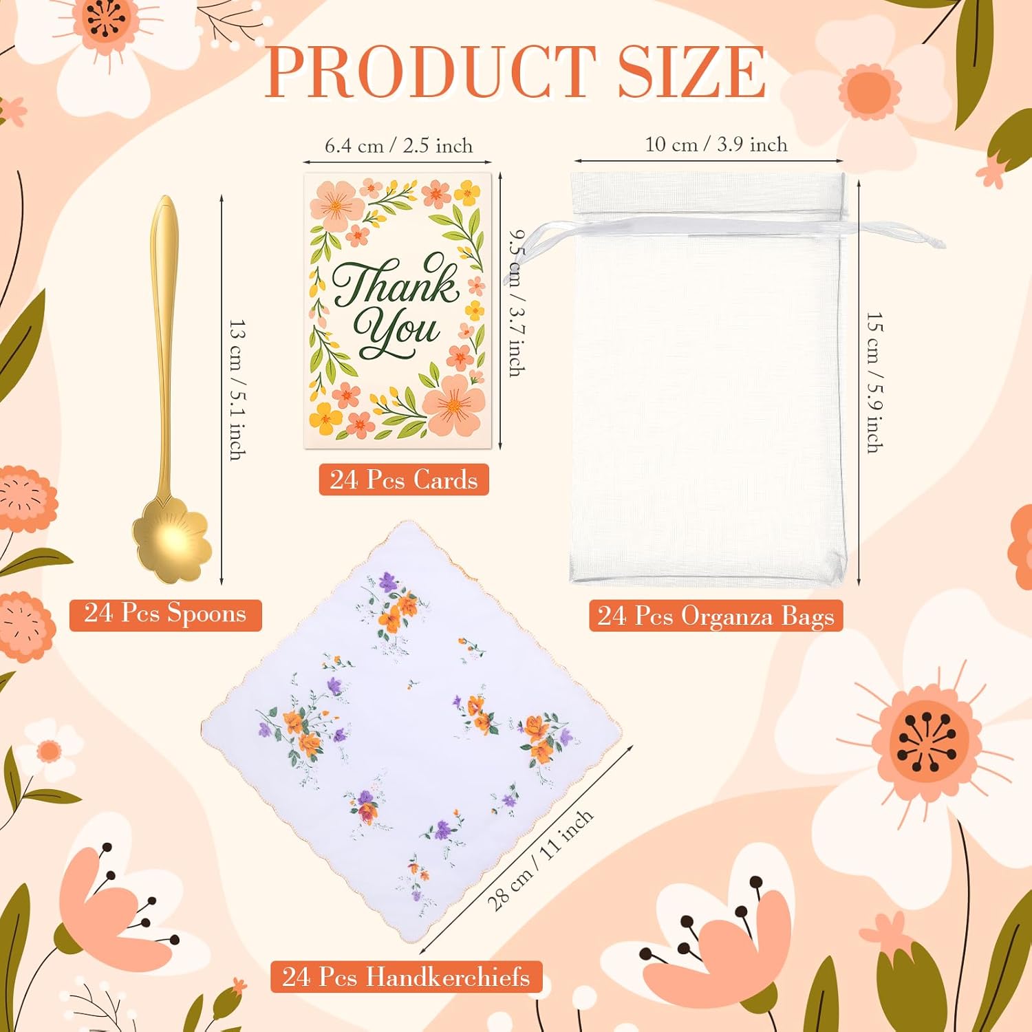 24 Sets Tea Party Favor, Gold Flower Coffee Teaspoons Vintage Floral Handkerchiefs for Women Thank You Card Organza Bag Tea Spoons for Guest Bridal Shower Wedding Souvenir Gift