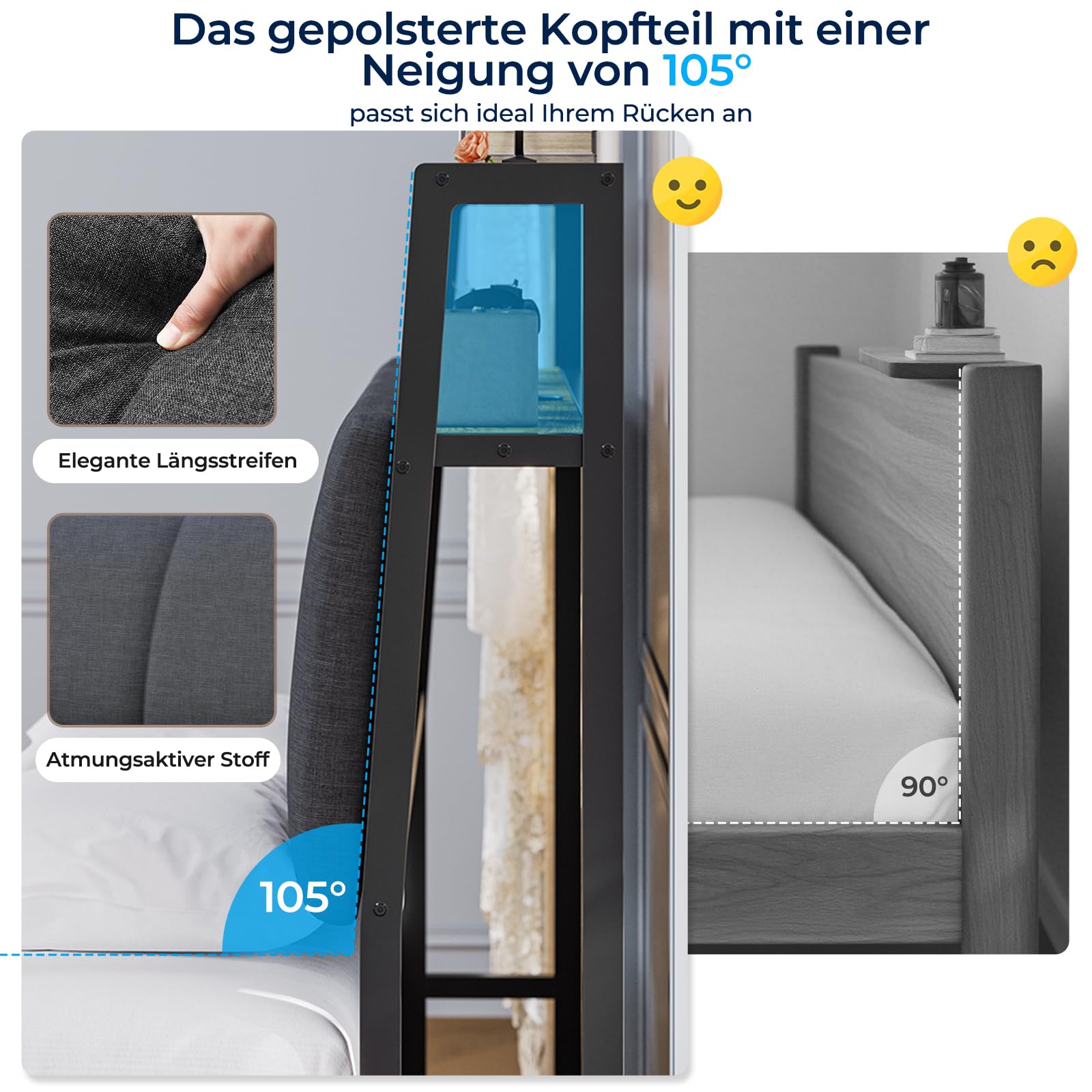 Brinlawb Bett 140x200 mit Stauraum, Lattenrost aus Metall, Bettgestell 140x200 cm mit LED & Ladestation (2 AC-Steckdosen & 2 USB-Anschlüsse), Jugendbett Doppelbett mit 2 großen Schubladen, Grau