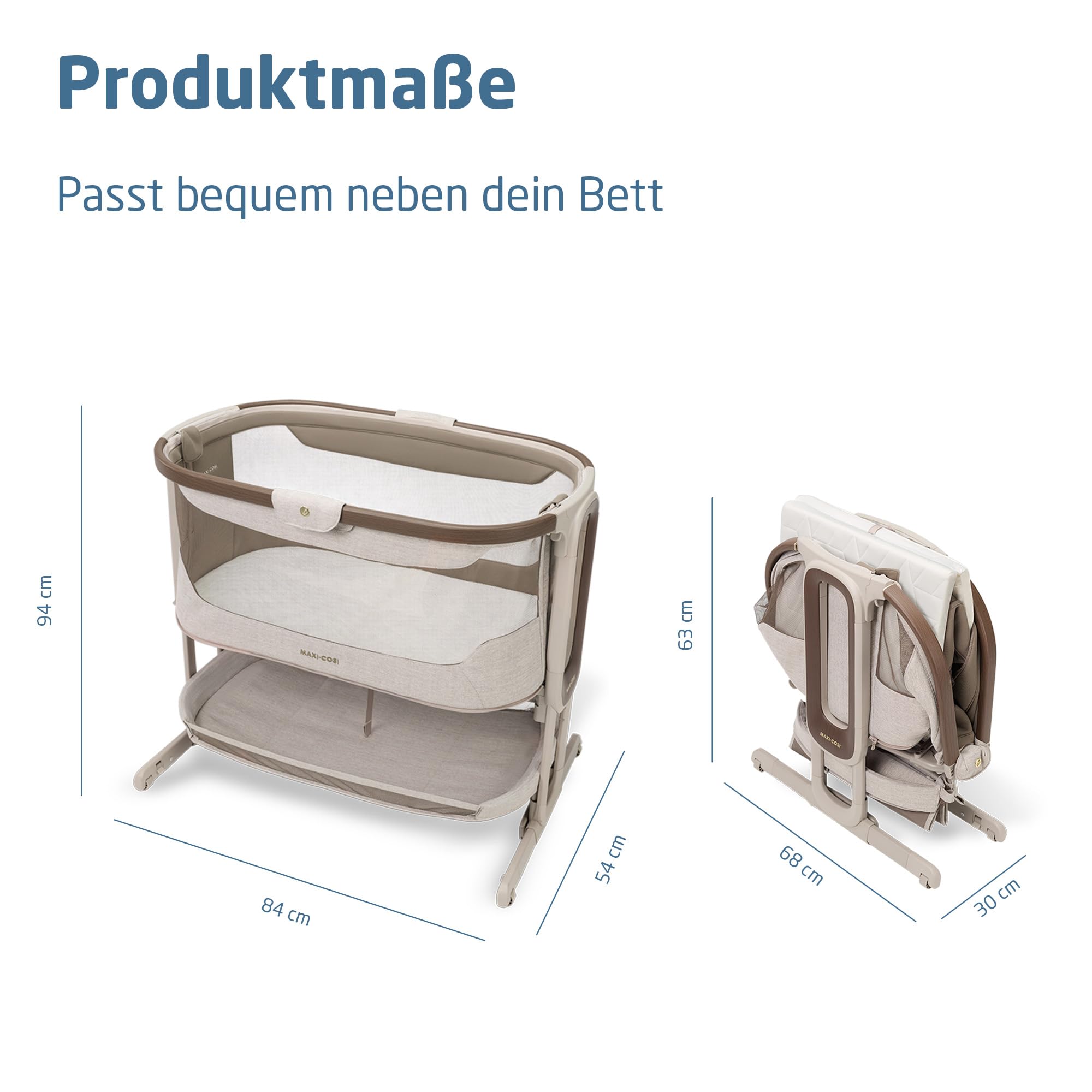 Maxi Cosi Iora Select Baby Stubenbett, 0–6 Monate (9 kg), Faltbares Beistellbett Schaukelnd/Schaukelbett, CloudCore-Matratze 3 cm, 5 Höhenstufen, 4 Leichtgängige Rollen, Easy Slide, Elegance Truffle