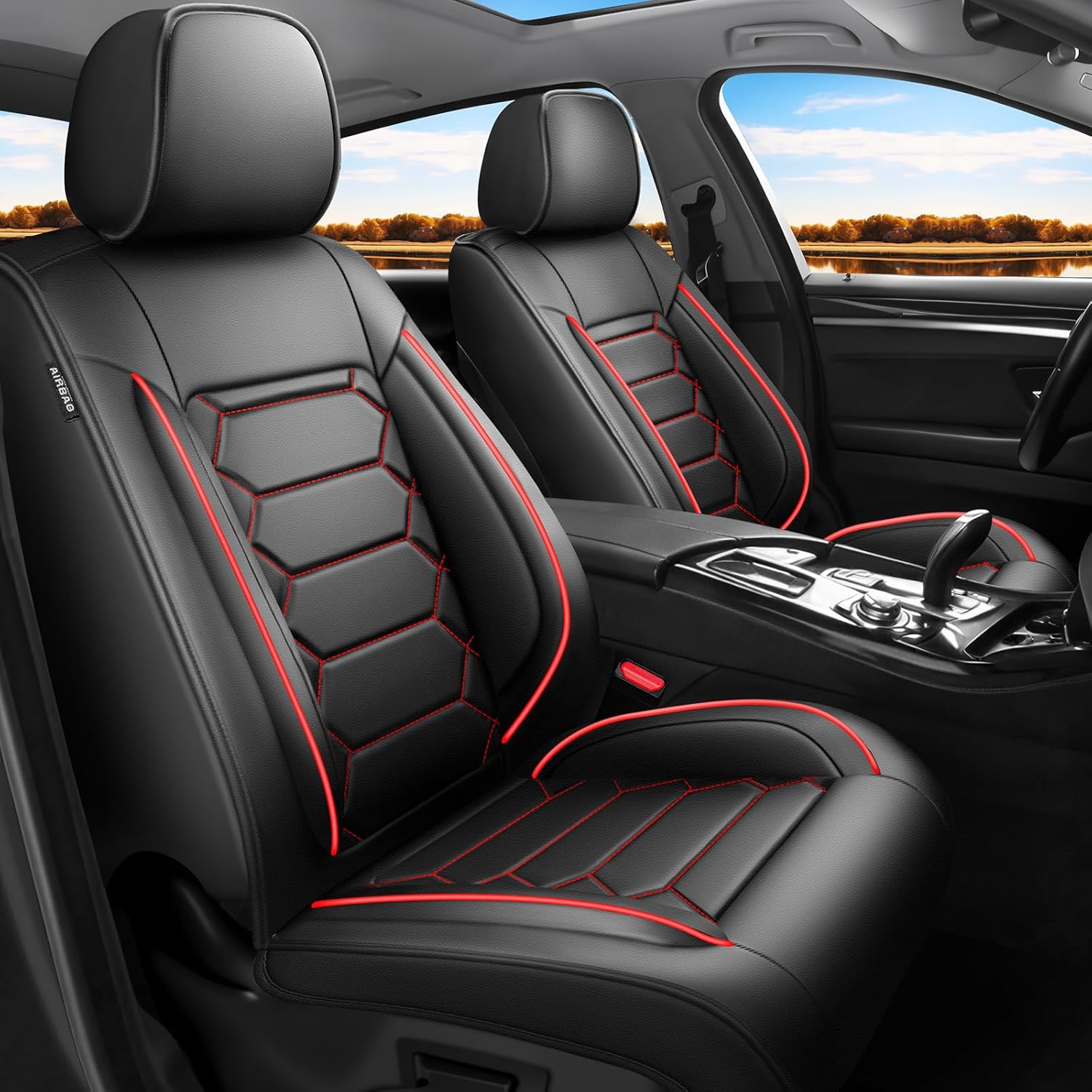 Fit Ridgeline Car Seat Covers(5 Seats Full Set)Compatible with Honda Ridgeline 2006-2025 - Full Coverage Breathable Leather, Airbag Compatible,Waterproof & All-Weather,Easy to Install,Black+Red