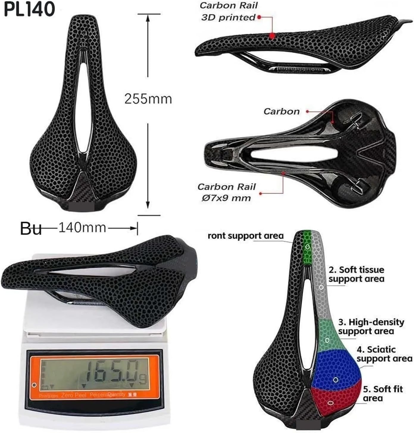 Carbon 3D Printed Bicycle Saddle 255x140mm Lightweight Seat Cushion for Road MTB Mountain Racing Cycling