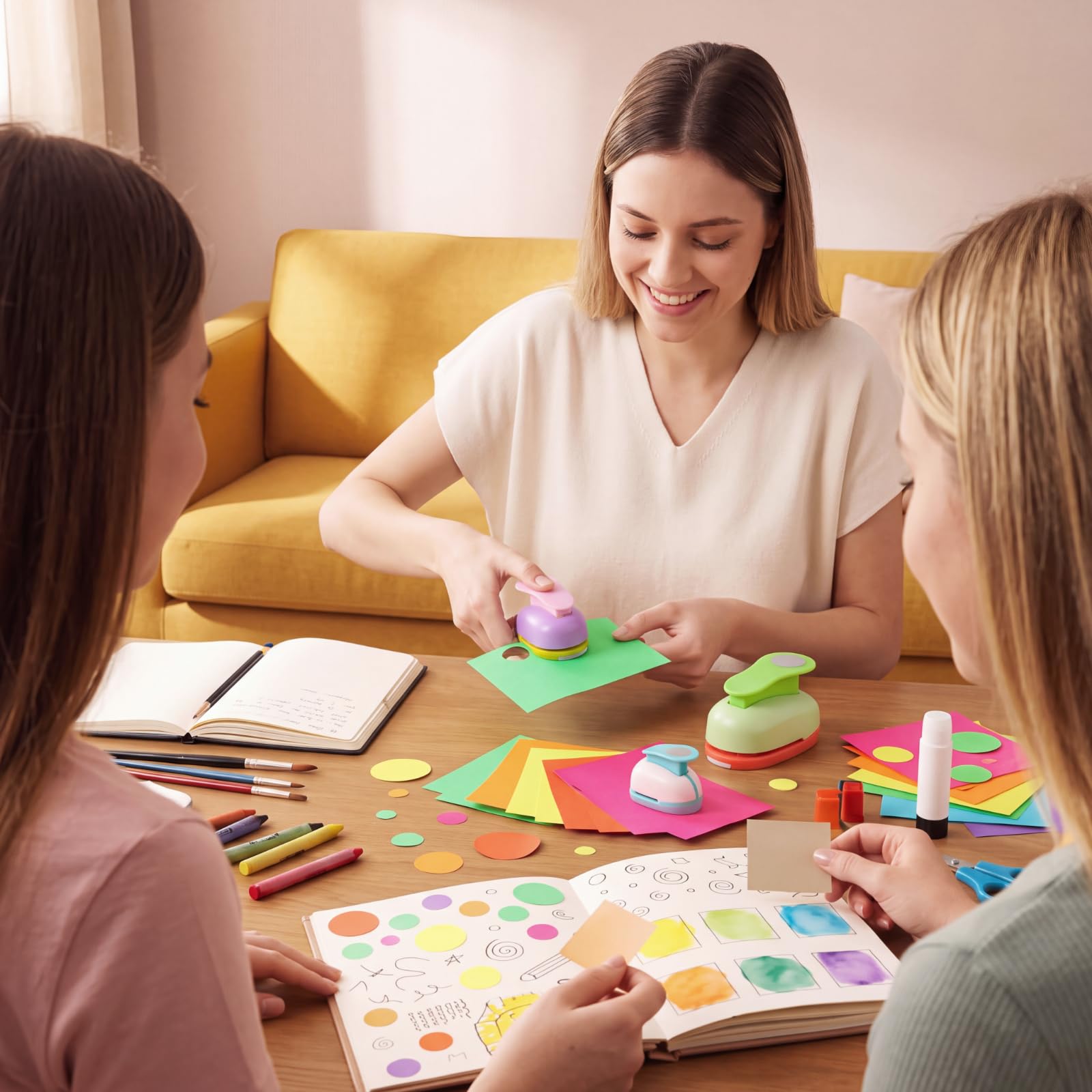 Paquete de 3 perforadoras circulares para manualidades de 2 pulgadas, 1 pulgada y 5/8 pulgadas con papel adhesivo para manualidades, álbumes de recortes, perforadora de papel para manualidades,