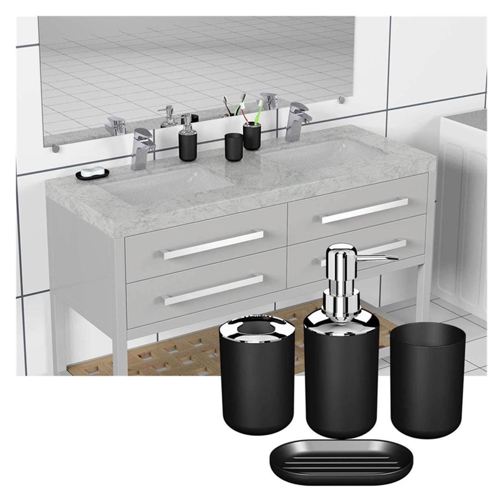 Set Dispensador Jabon Baño 4 piezas de accesorios de baño de lujo, soporte de plástico for cepillo de dientes, taza, dispensador de jabón, plato, soporte for inodoro, bomba, botella, taza, juego de ba
