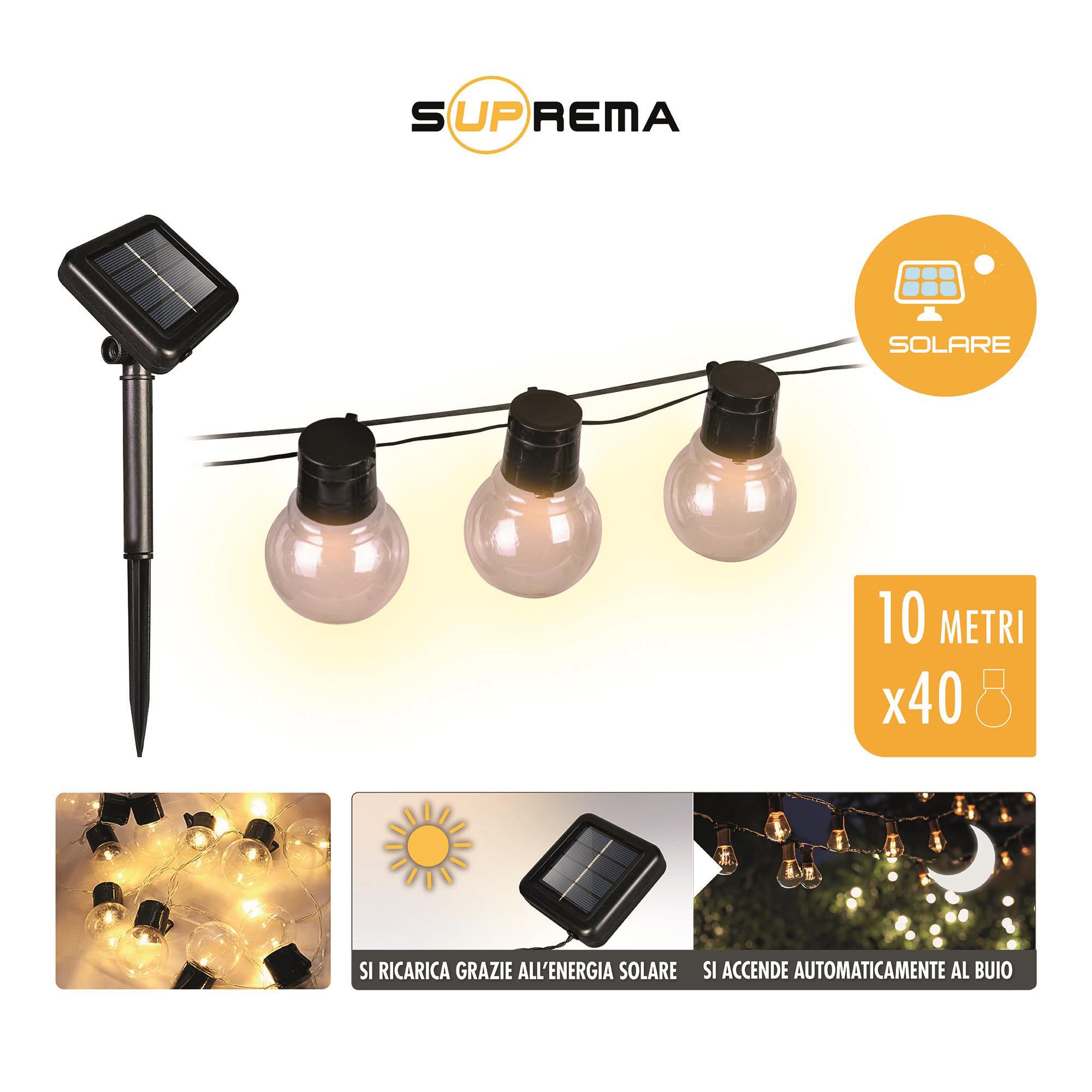 Suprema, Cadena luminosa exterior solar 10 m, 40 luces LED, sensor crepuscular, juegos de luces, USB-C, IP45, mando a distancia y accesorios incluidos