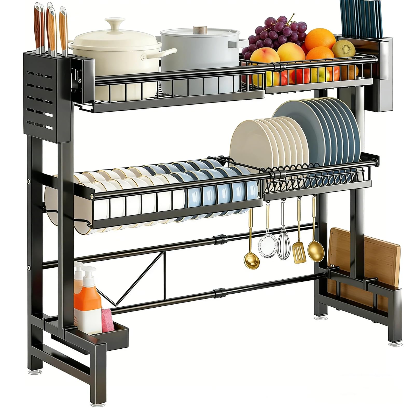 JOFUYU Dish Drying Rack, Over the Sink, Dish Drying Rack, Extendable, Width 24.4 - 39.4 inches (62 - 100 cm), Large Capacity, Dish Stand, Includes Knife and Cutting Board Stand, Multifunctional Black シンク上二段式伸縮
