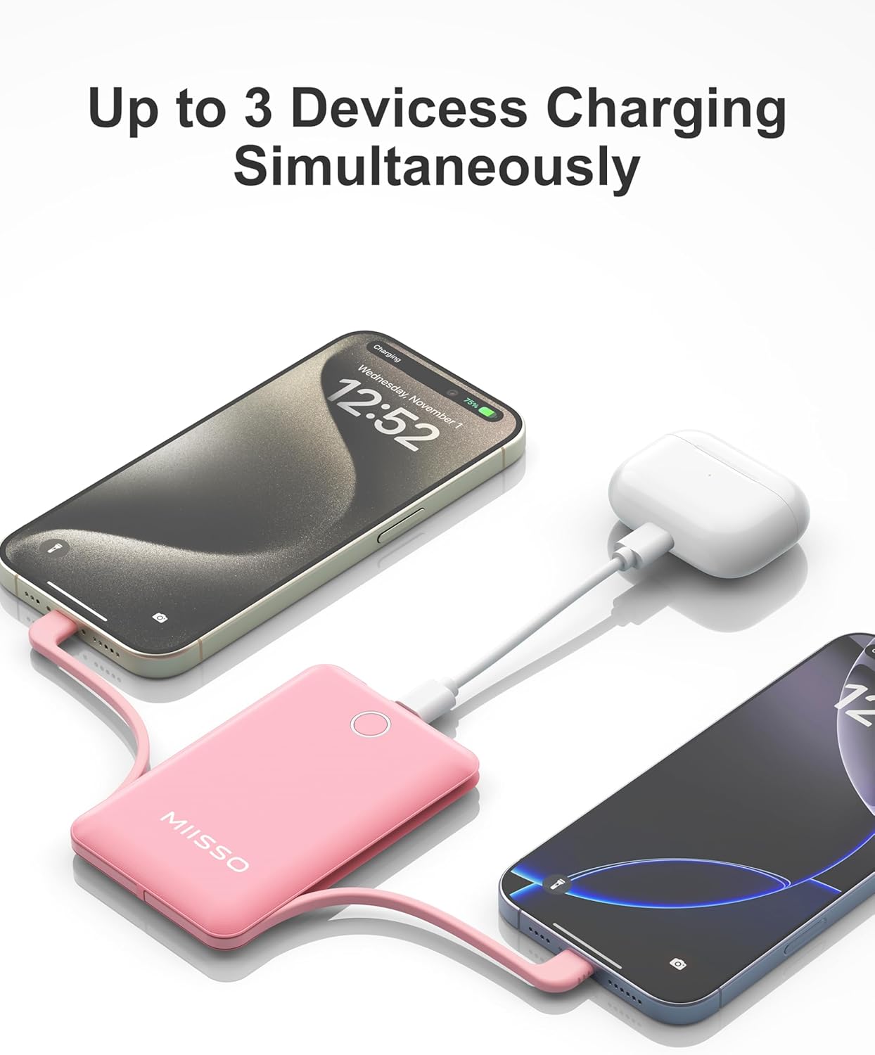 miisso 10000mAh Compatible with iPhone 15/16/17 and Android, Slim Portable Charger with Built in Cable, Power Bank Travel Charger External Battery Pack for Phone, 3 Output USB Type C Cord, Pink