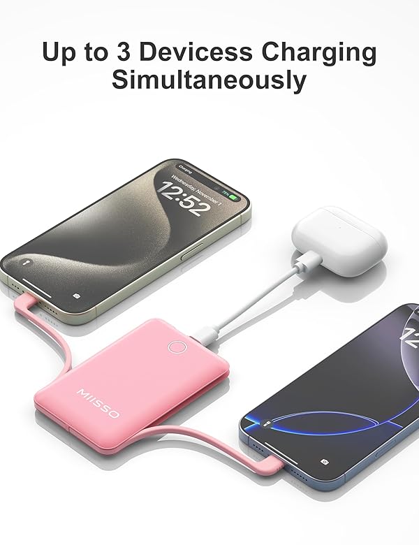miisso 10000mAh Compatible with iPhone 15/16/17 and Android, Slim Portable Charger with Built in Cable, Power Bank Travel Charger External Battery Pack for Phone, 3 Output USB Type C Cord, Pink by miisso - Image 4