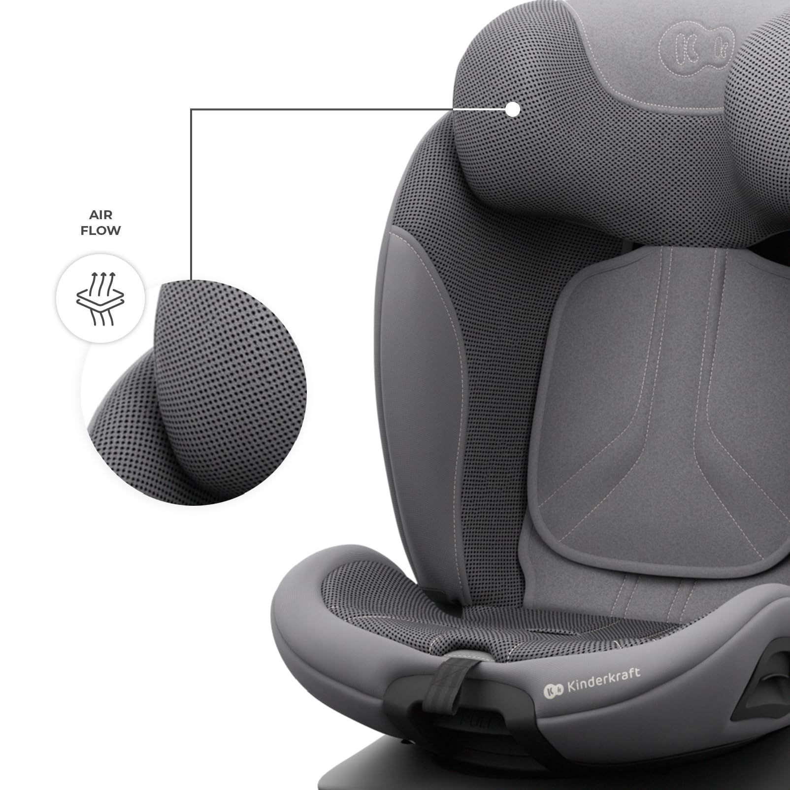 Kinderkraft I-360 2 PRO, fotelik samochodowy i-Size 40–150 cm, obracany 360°, ISOFIX, tyłem i przodem, H-GUARD+, SPS+, EASY SPIN PRO, EASY GROW, od narodzin do 12 lat, Szary
