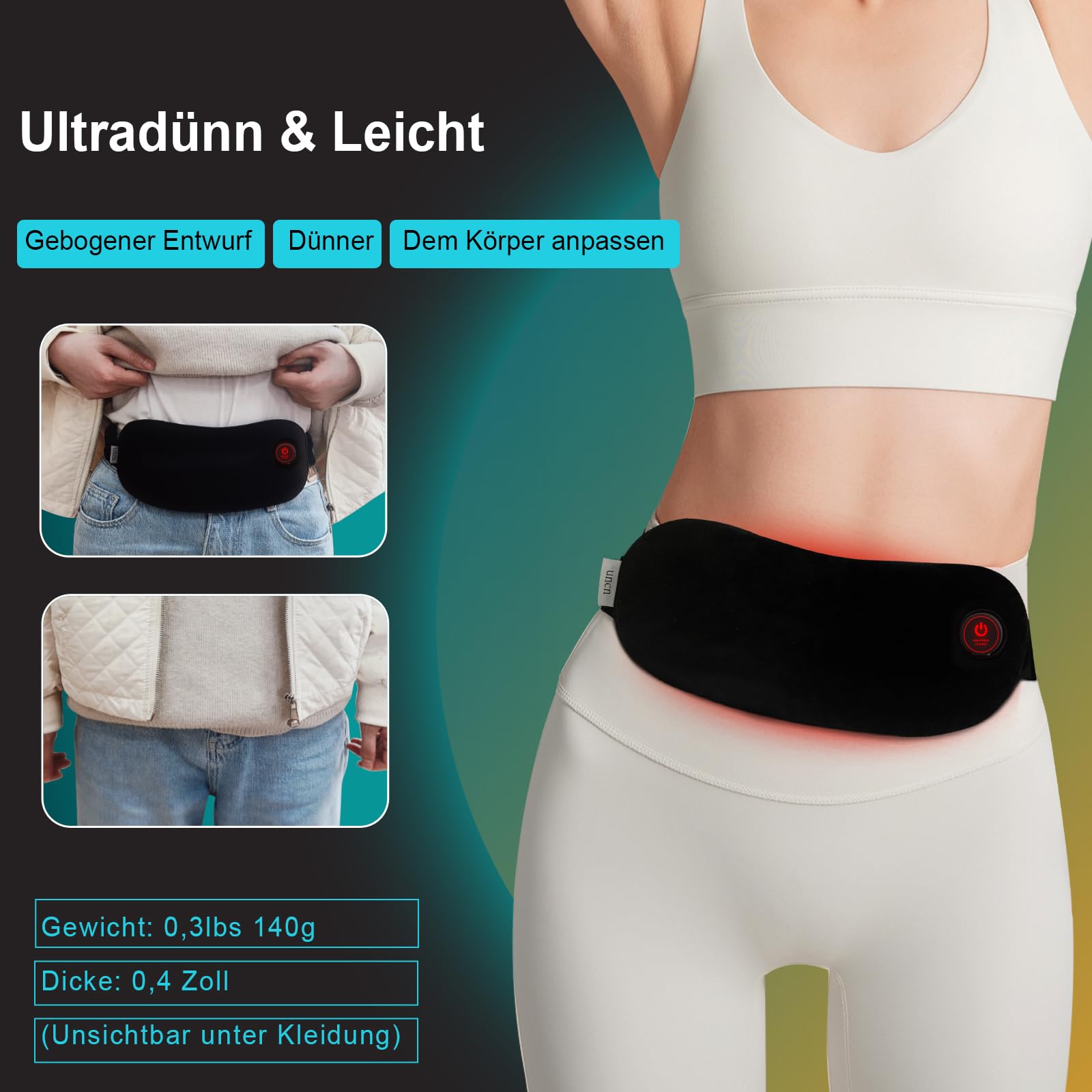 uncn Tragbares Heizkissen für Krämpfe | 5000mAh Integrierter Akku | 27x11 cm Kabellos | Wärmegürtel mit Abschaltautomatik für Bauch/Lenden