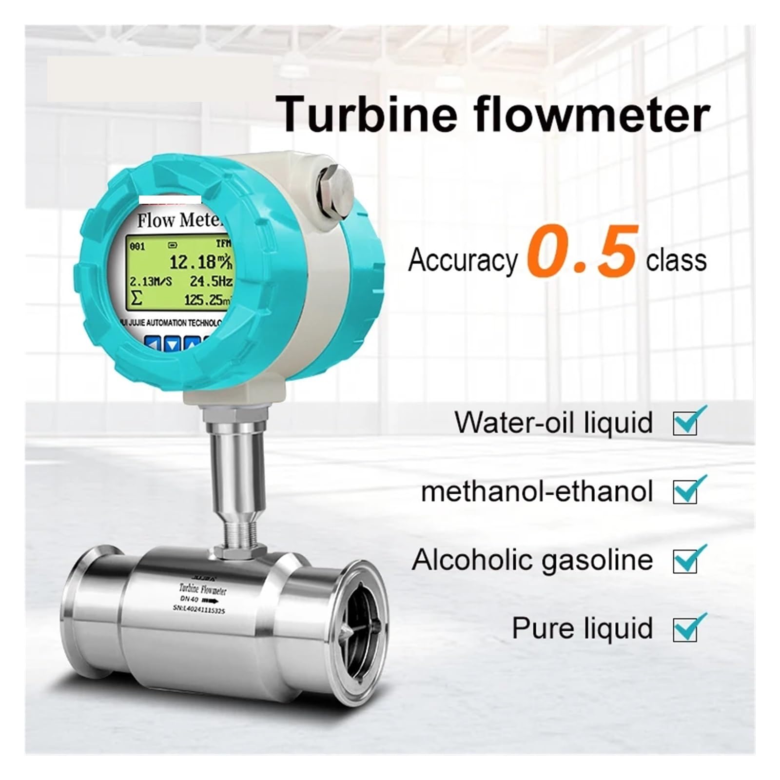Medidor de Agua Medidor de flujo turbina con abrazadera 1/2 pulgadas, 4-20 mA, pulso Modbus, caudalímetro aceite diésel(DN32-RS485-SS316)