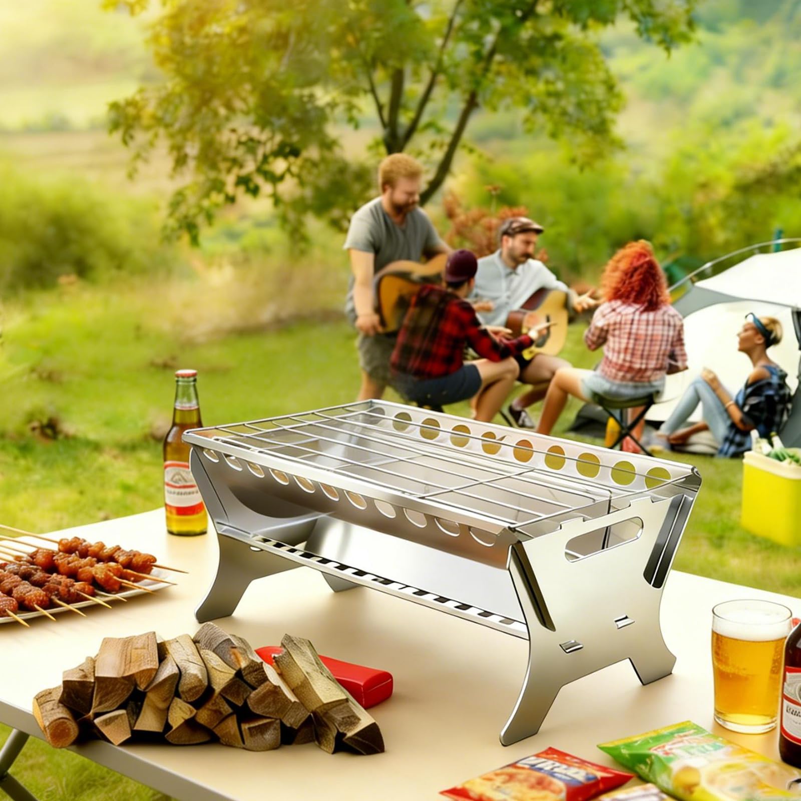 Barbecue da tavolo in acciaio inox, da montare, portatile per campeggio, giardino e picnic, con griglia e vassoio per cenere, facile da montare e robusto