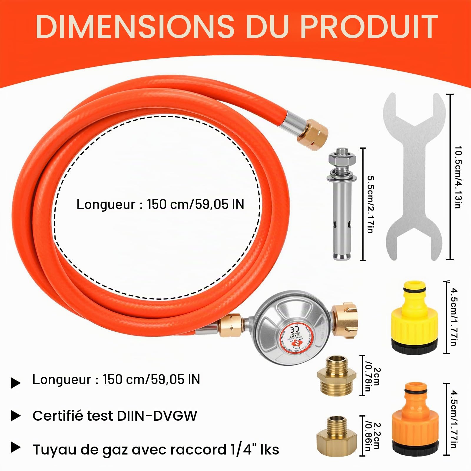 Régulateur de pression de gaz 50 mbar, tuyau de gaz de 150 cm, filetage extérieur 1/4" -19 LH, régulateur de pression de gaz à basse pression pour barbecues pour camping, pique-niques