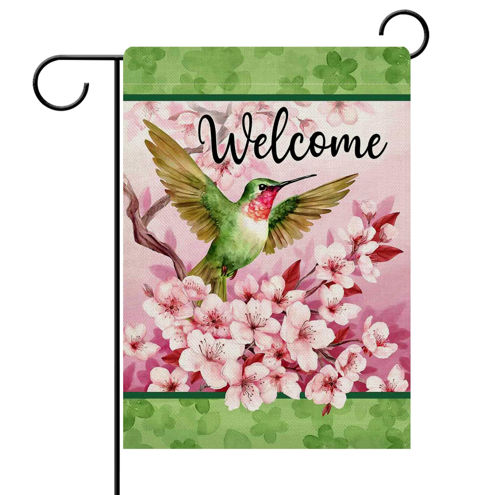 Dyrenson Welcome Spring Summer Hummingbird Cherry Blossom Decorative Garden Flag, Pink Flower Floral Yard Outside Home Decorations, Seasonal Burlap Outdoor Small Decor Double Sided 12 x 18