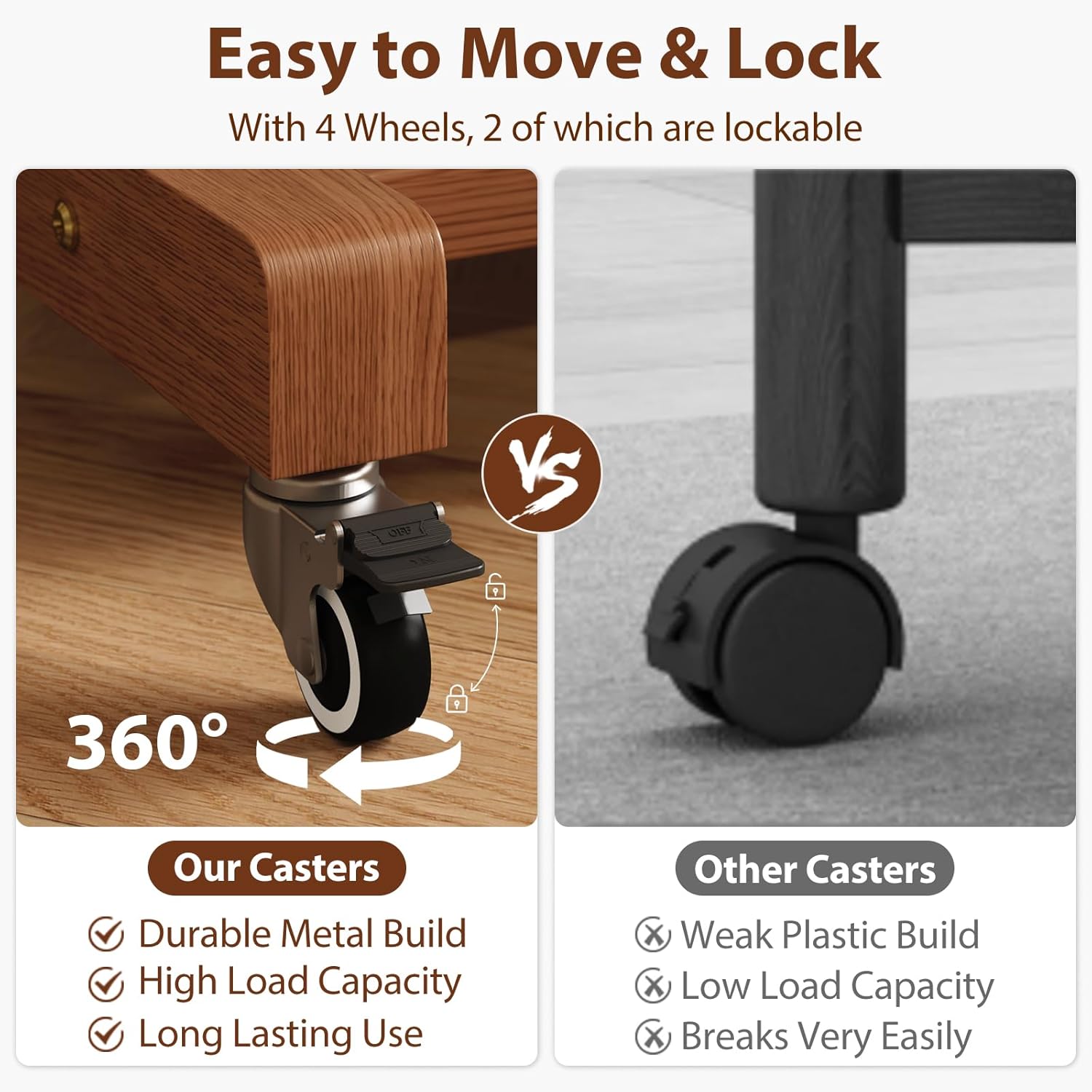 Solid Wood Clothing Rack, Rolling Clothes Racks for Hanging Clothes, Heavy Duty Garment Rack with Wheels, Hanging Rack with 6 Cactus Hooks and Storage Shelf, Easy Assembly, Walnut - Image 7