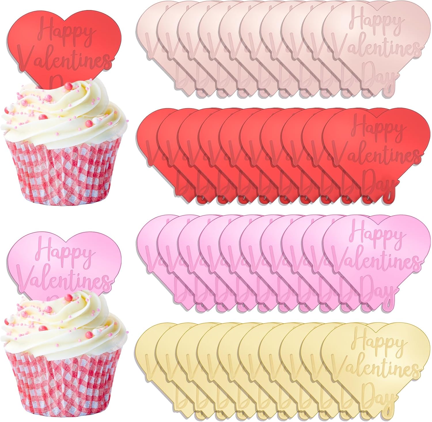 Valentine Colorful Cupcake Toppers,40Pcs Reflective Cake Dics Heart-Shaped Acrylic Cake Signs Mirror Cake Charms for Valentine's Day Gift Decor