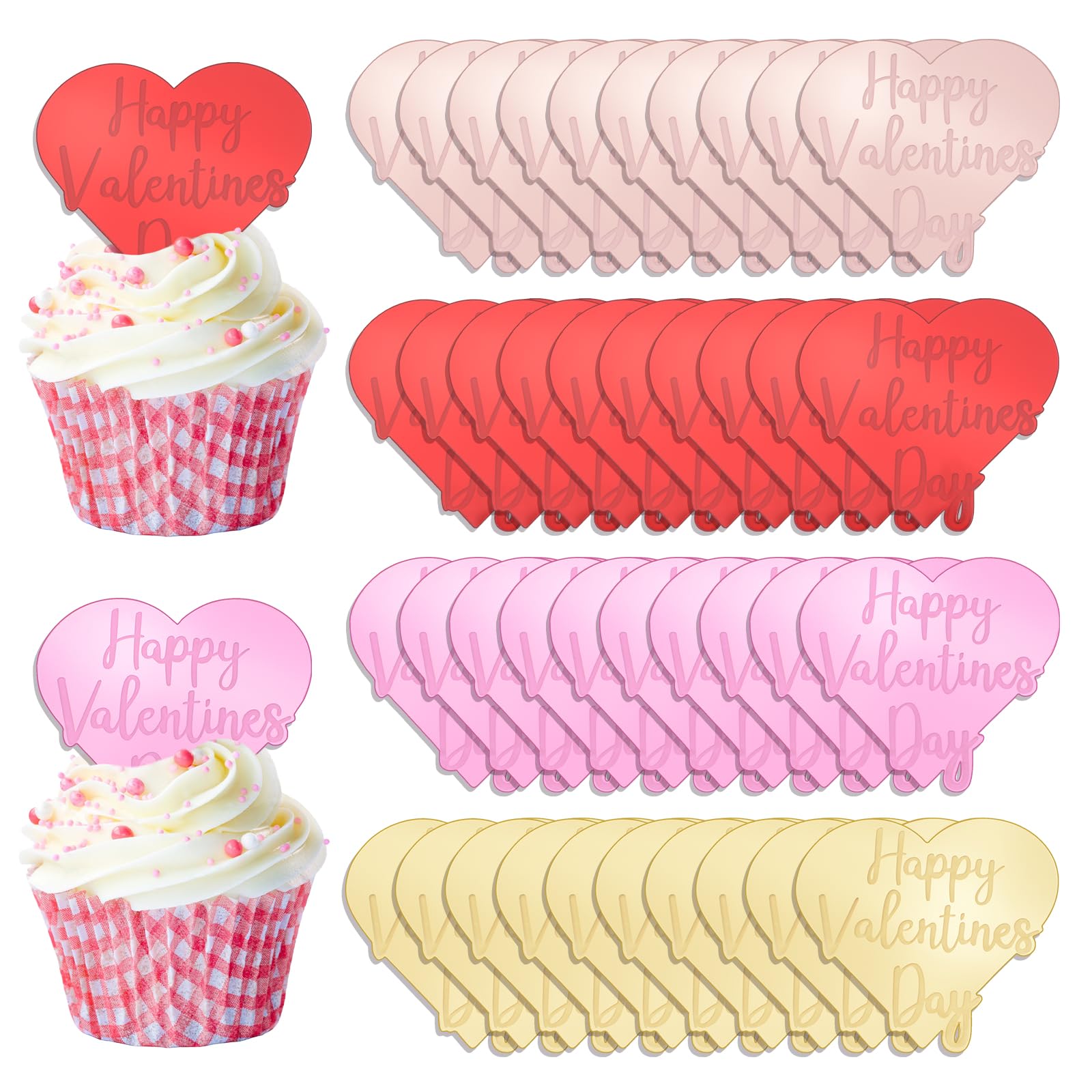 URROMA Valentine Colorful Cupcake Toppers,40Pcs Reflective Cake Dics Heart-Shaped Acrylic Cake Signs Mirror Cake Charms for Valentine's Day Gift Decor — image 1