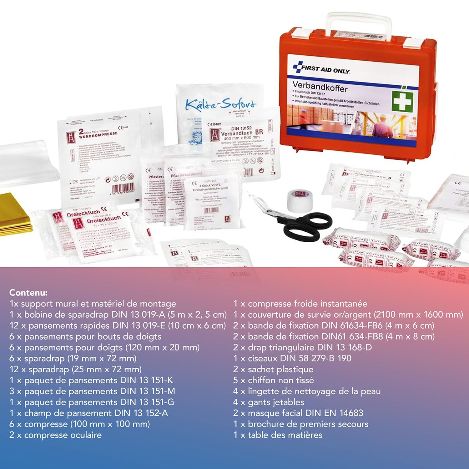 First Aid Only Trousse de premiers secours DIN 13157 avec support mural | Trousse de premiers secours compacte pour les entreprises et les ménages, conforme à la norme DIN 13157:2021 | P-10020