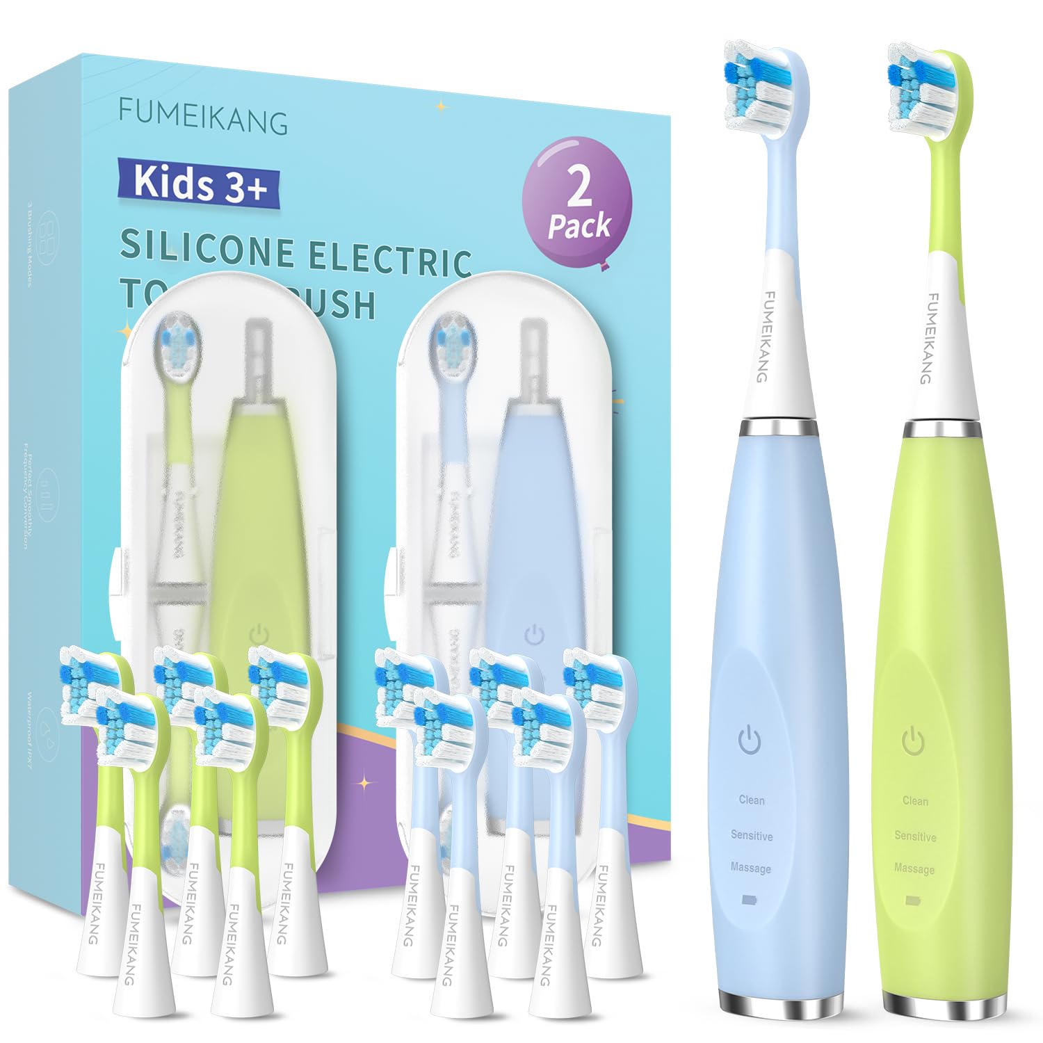 Kids Electric Toothbrushes 2 Pack Smart Sonic Toothbrush for Boys and Girls-Blue+Green-image-2