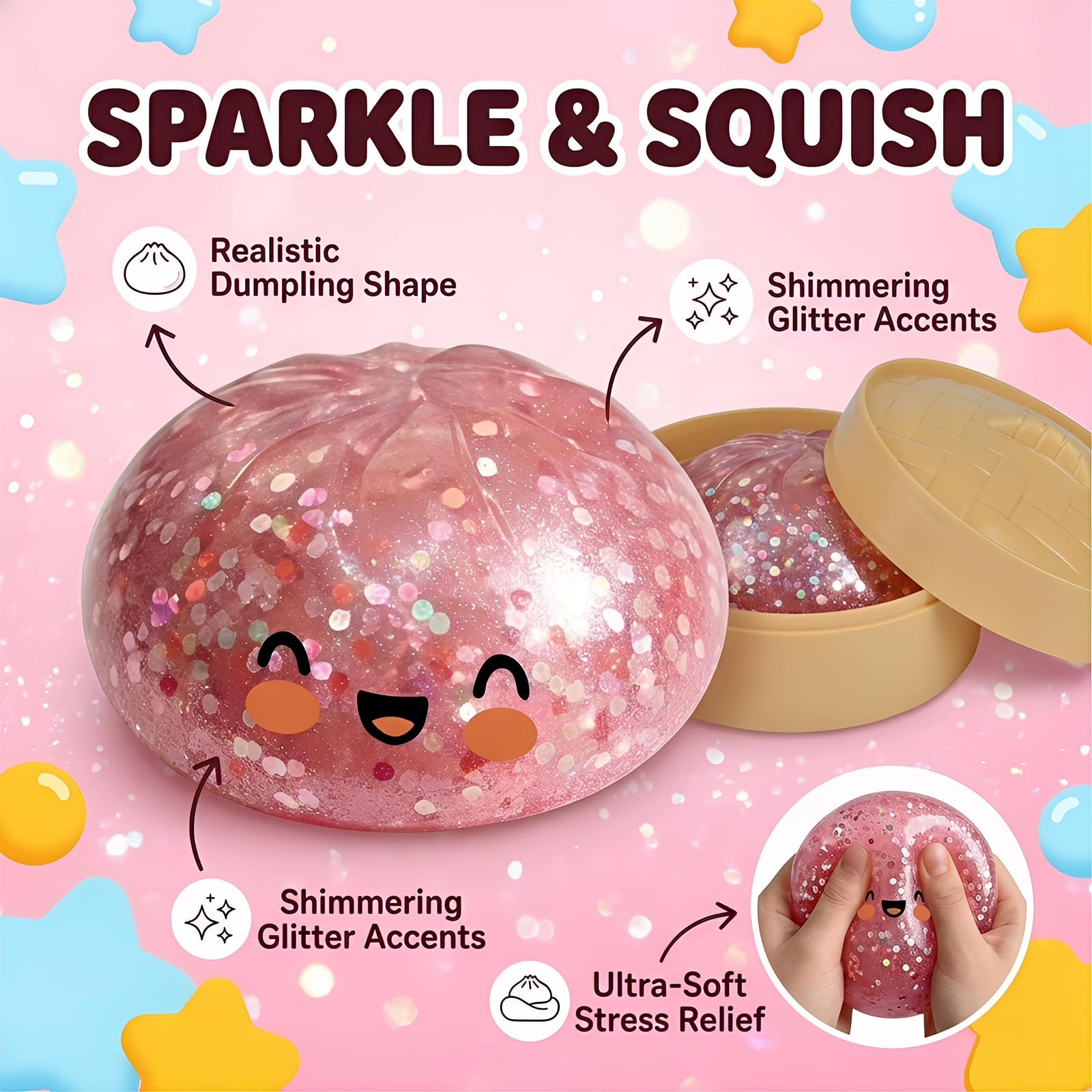 Glitter Dumpling Squishy, Dumplings Squishy Mystery Box, Stressball Fidget Toys, Sensorik Anti Stress Spielzeug Squishies für Kinder Erwachsene Autismus Stressabbau Geschenke - 3