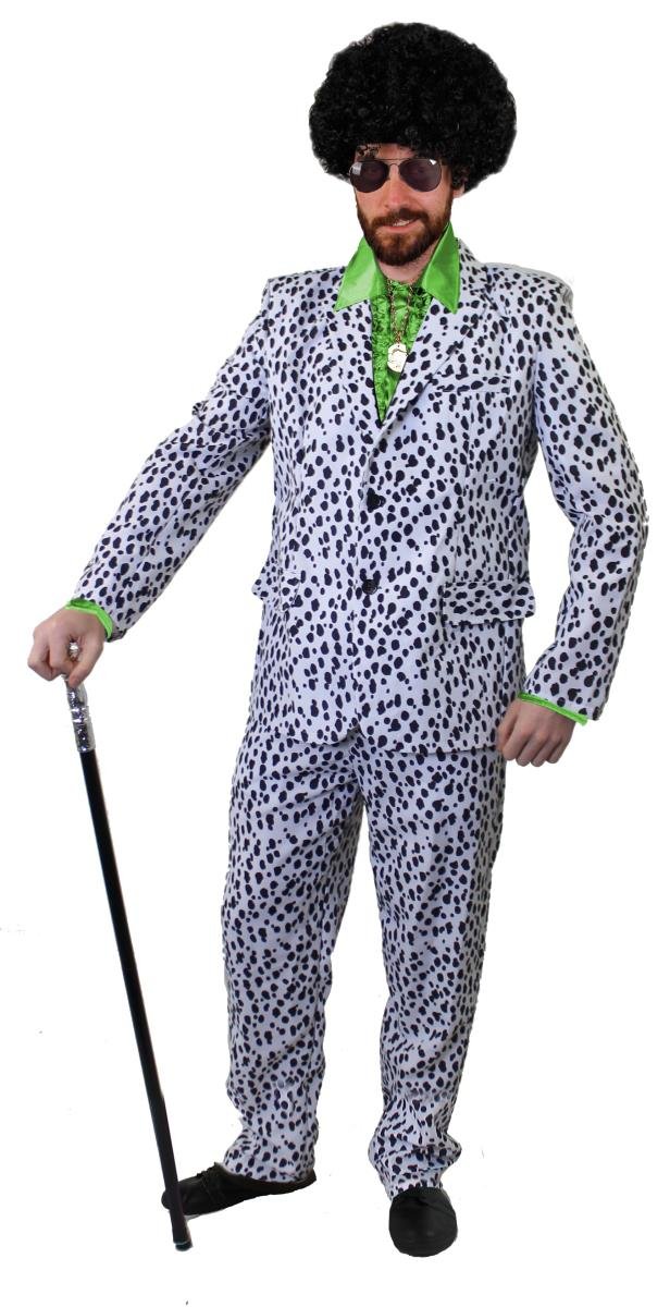 Mens Pimp Fancy Dress Costume - 70s Style Dalmatian Print Suit With Trousers, Green Satin Shirt With Large Collar and Cuffs, Sunglasses, Green Afro Wig and Gold Medallion (X-large) โ image 1